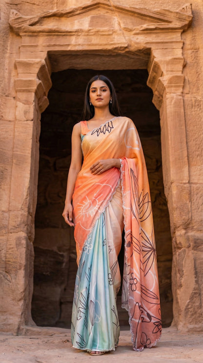 Woman in a Multicolor satin georgette saree with abstract floral print and silver scalloped border, standing in front of a stone archway.