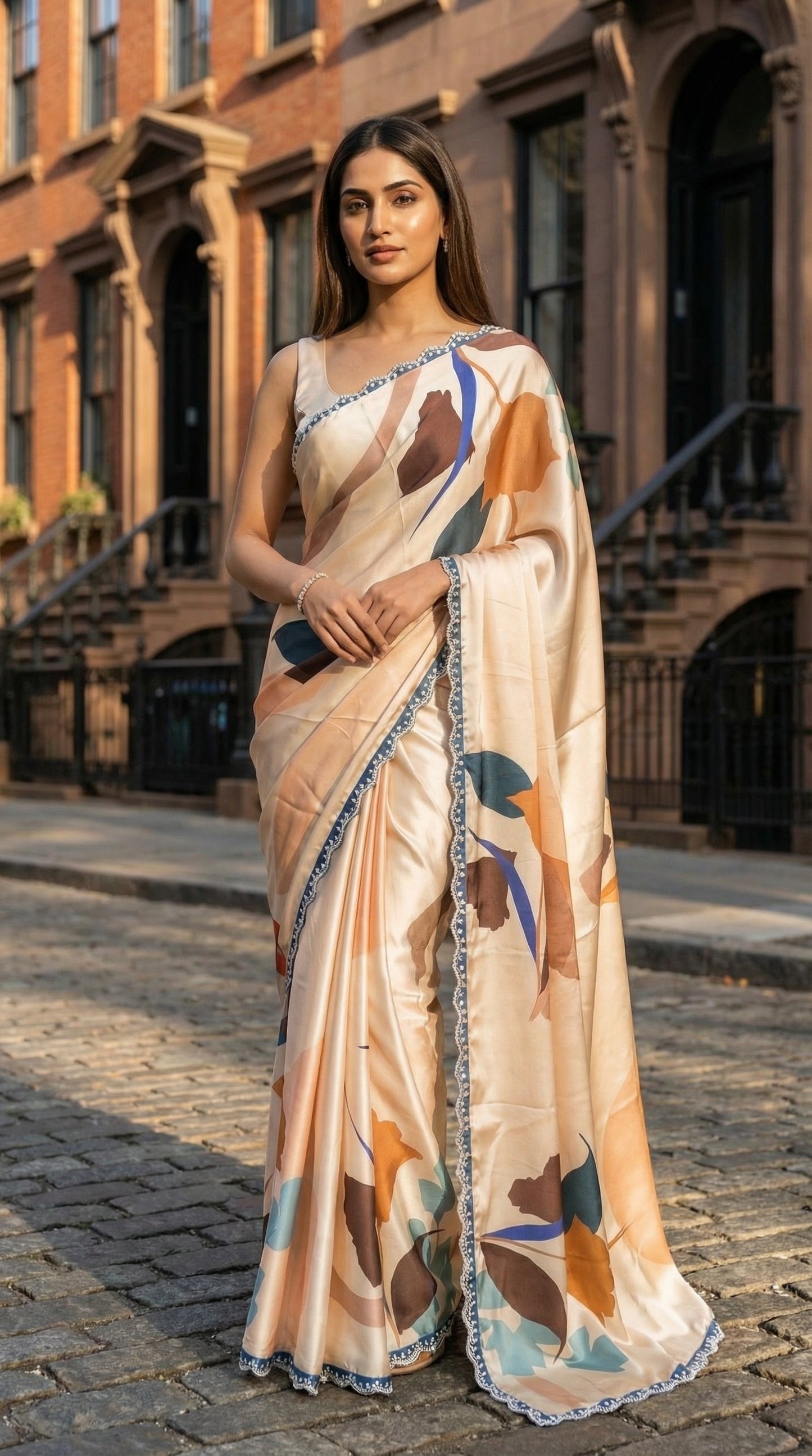 Woman wearing a Peach satin-georgette saree featuring bold floral motifs and delicate lace trim, on a street.