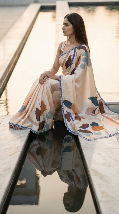 Woman wearing a Peach satin-georgette saree featuring bold floral motifs and delicate lace trim, sitting by a reflective surface.