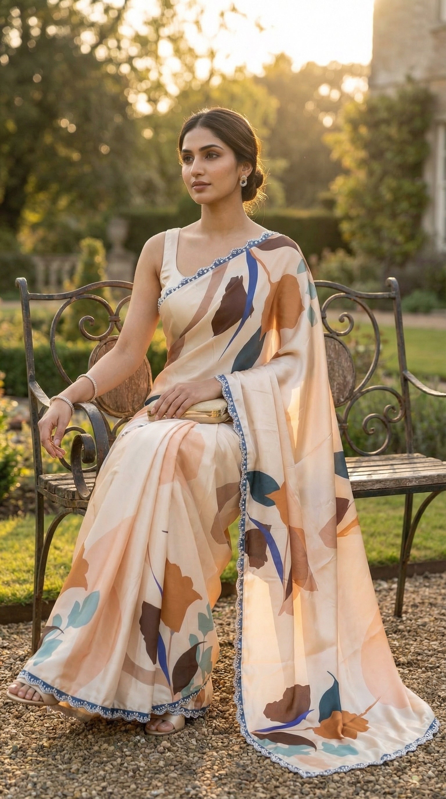 Woman wearing a Peach satin-georgette saree featuring bold floral motifs and delicate lace trim, sitting on a bench outdoors with trees and sunlight in the background.