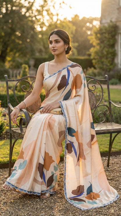 Woman wearing a Peach satin-georgette saree featuring bold floral motifs and delicate lace trim, sitting on a bench outdoors with trees and sunlight in the background.