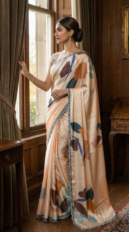 Woman wearing a Peach satin-georgette saree featuring bold floral motifs and delicate lace trim, standing by a window in an elegant room.