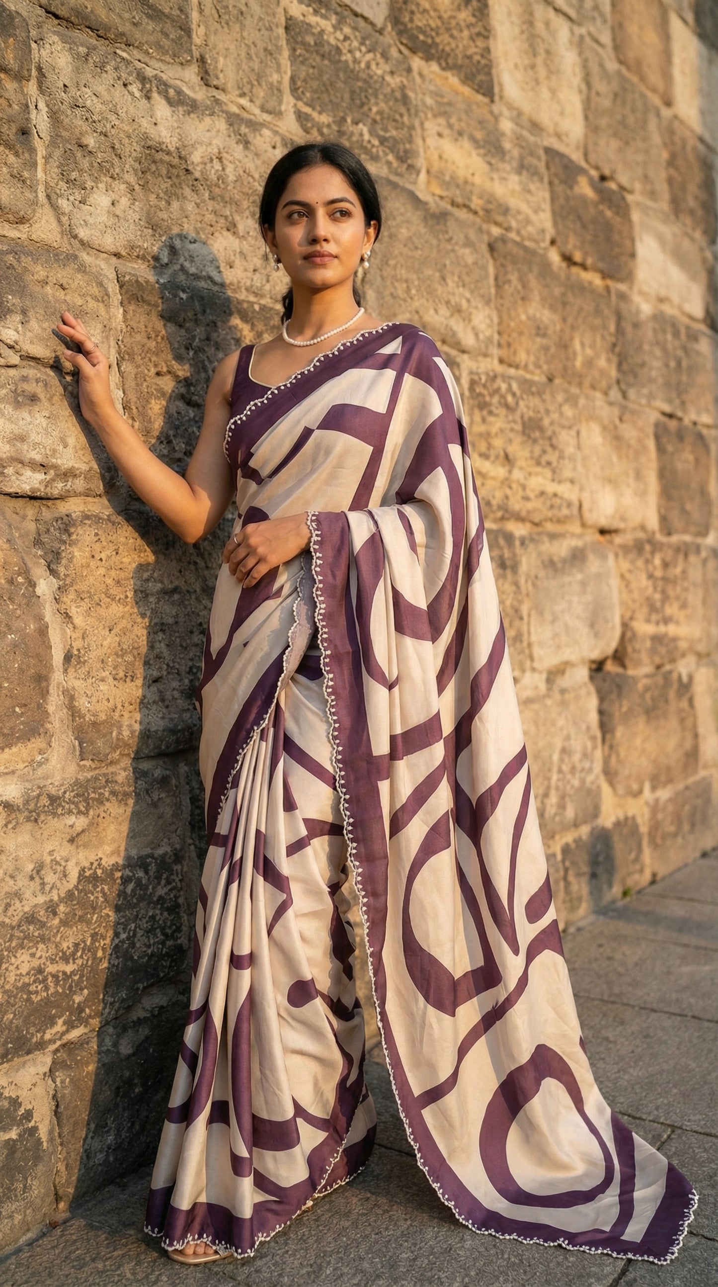 Woman in a Purple-accented satin-georgette saree featuring abstract line design on white base with delicate border, against a stone wall.