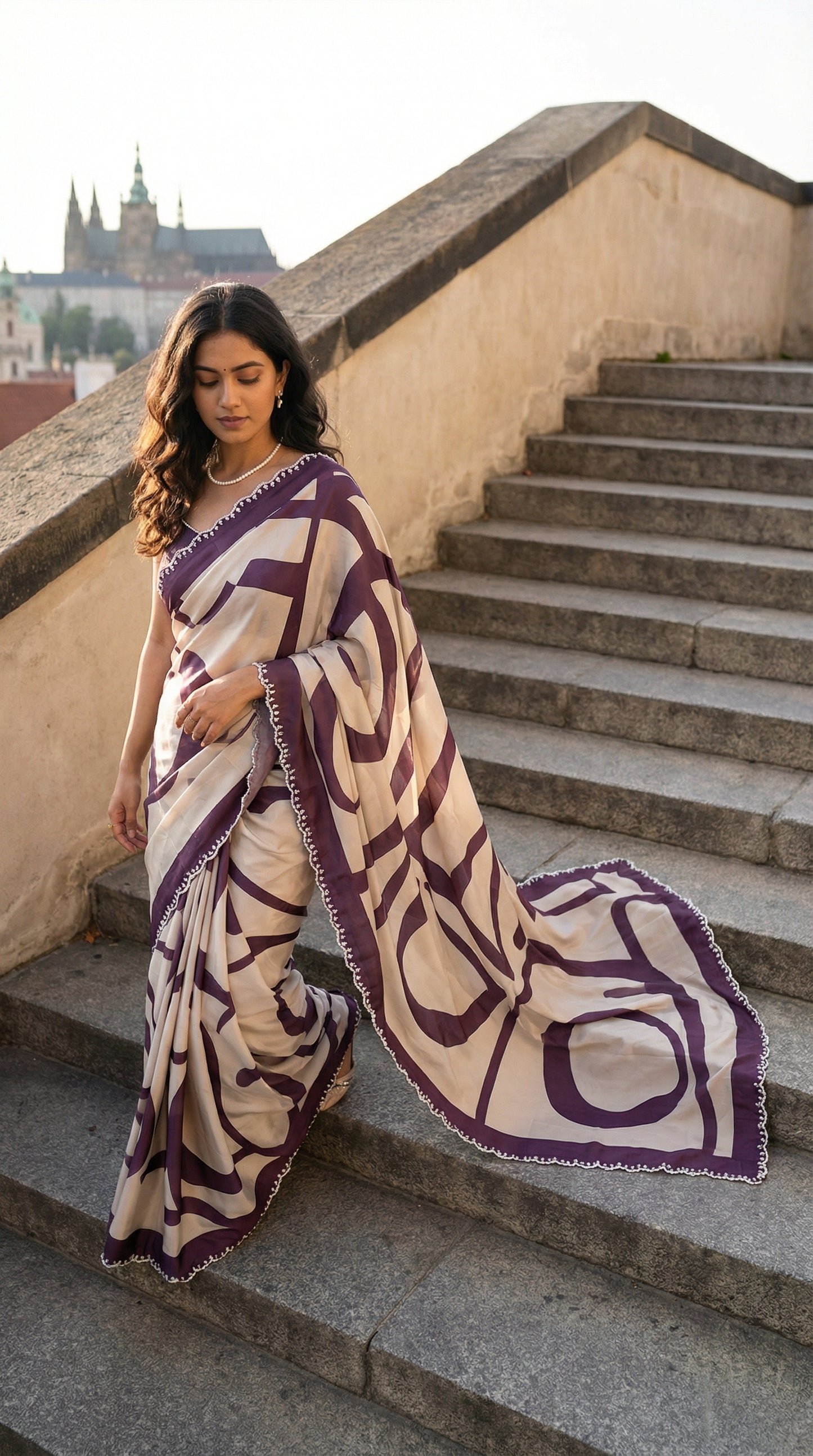 Woman in a Purple-accented satin-georgette saree featuring abstract line design on white base with delicate border, standing on steps with a cityscape in the background