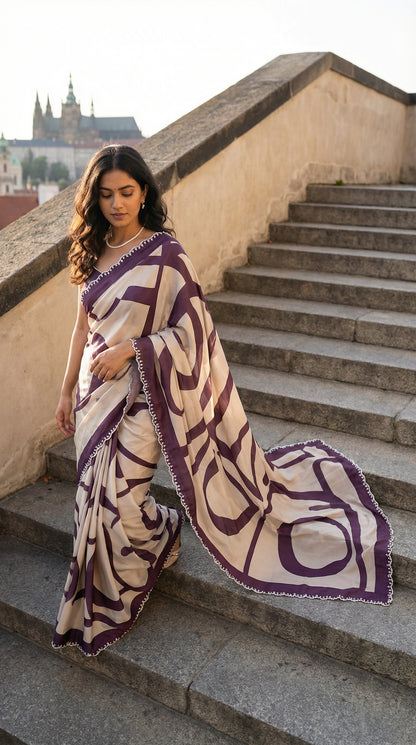 Woman in a Purple-accented satin-georgette saree featuring abstract line design on white base with delicate border, standing on steps with a cityscape in the background