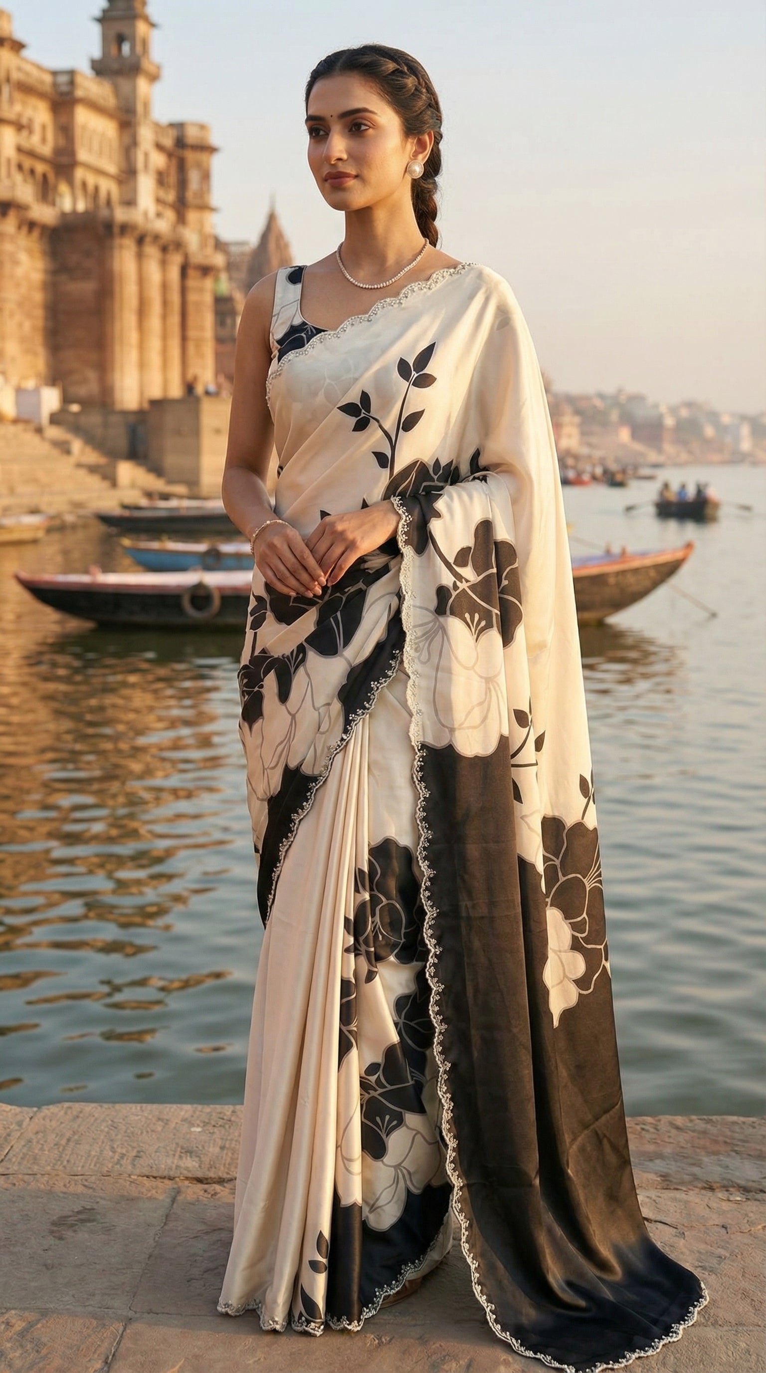 Woman in a Black satin saree featuring dramatic floral prints and scalloped edge detailing, standing by a river with boats and a historic building in the background.