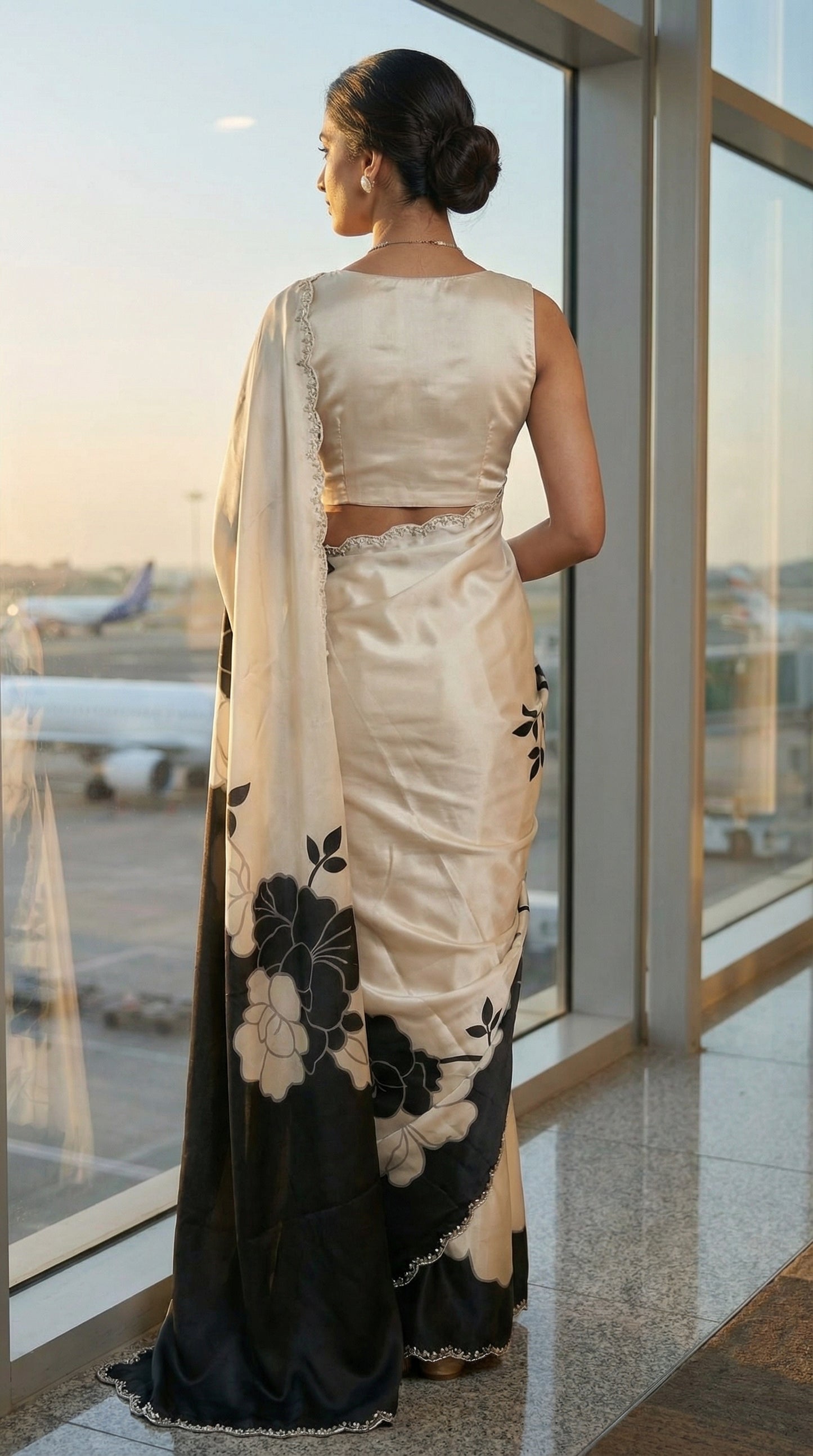Woman in a Black satin saree featuring dramatic floral prints and scalloped edge detailing, standing by a window with an airport view.
