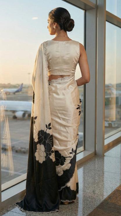Woman in a Black satin saree featuring dramatic floral prints and scalloped edge detailing, standing by a window with an airport view.
