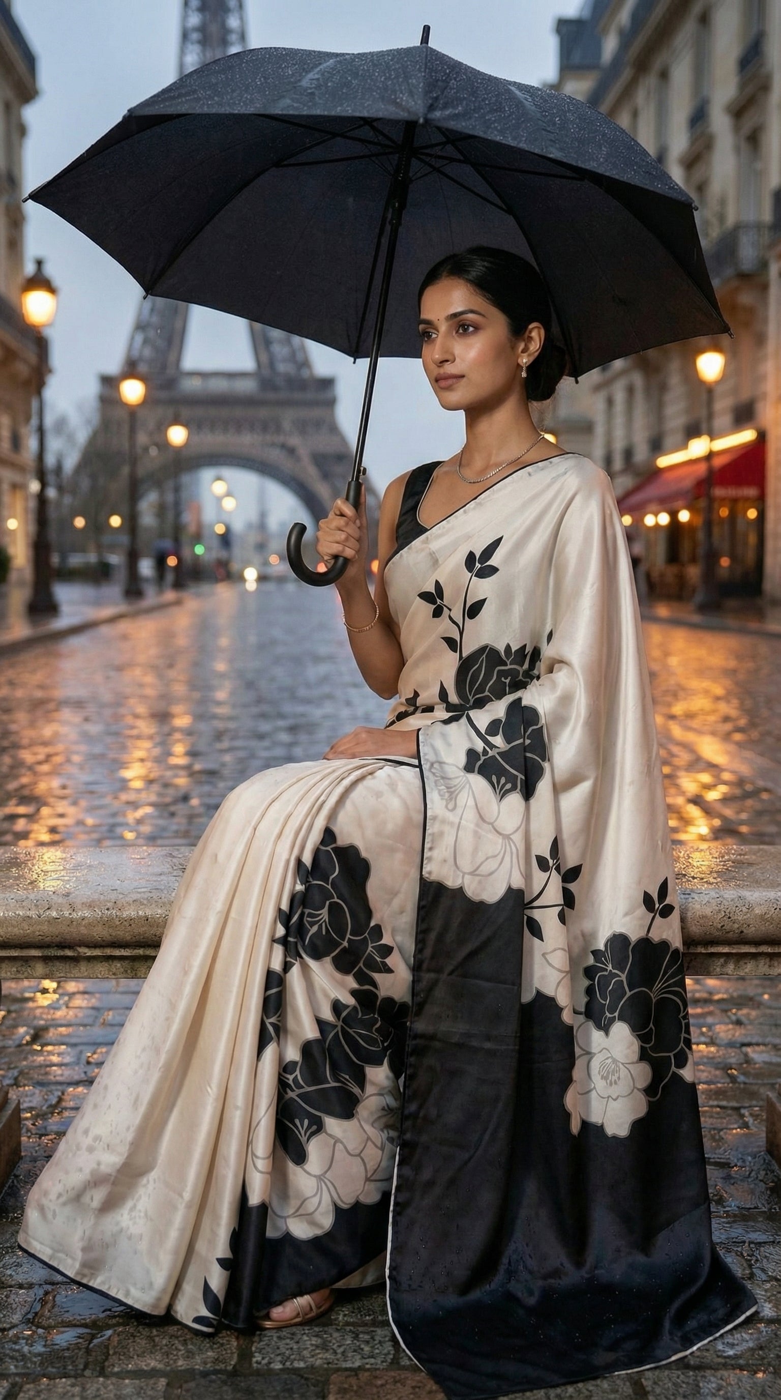 Woman in a Black satin saree featuring dramatic floral prints and scalloped edge detailing, holding an umbrella with the Eiffel Tower in the background.