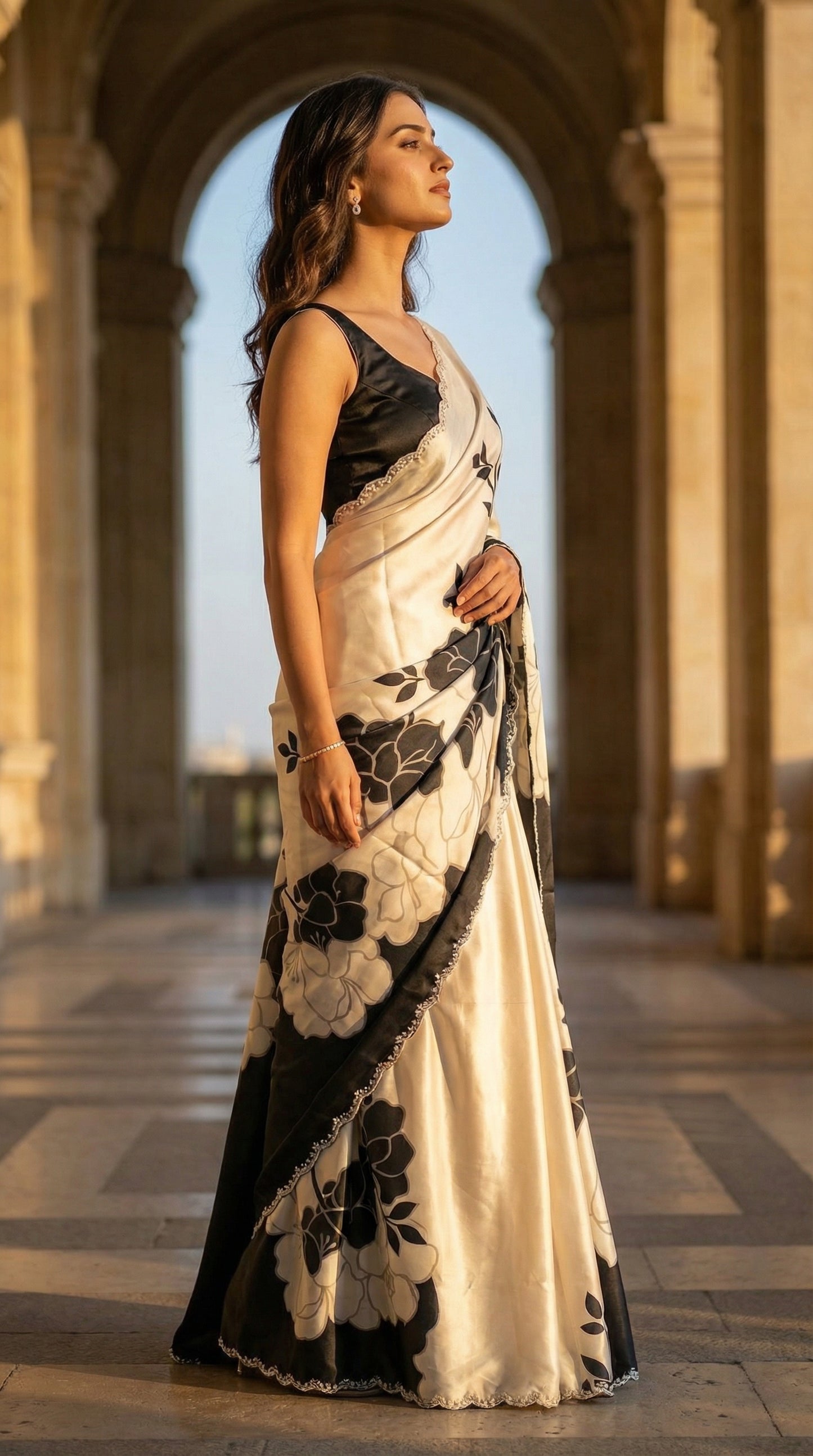 Woman in a Black satin saree featuring dramatic floral prints and scalloped edge detailing, standing in an architectural setting.