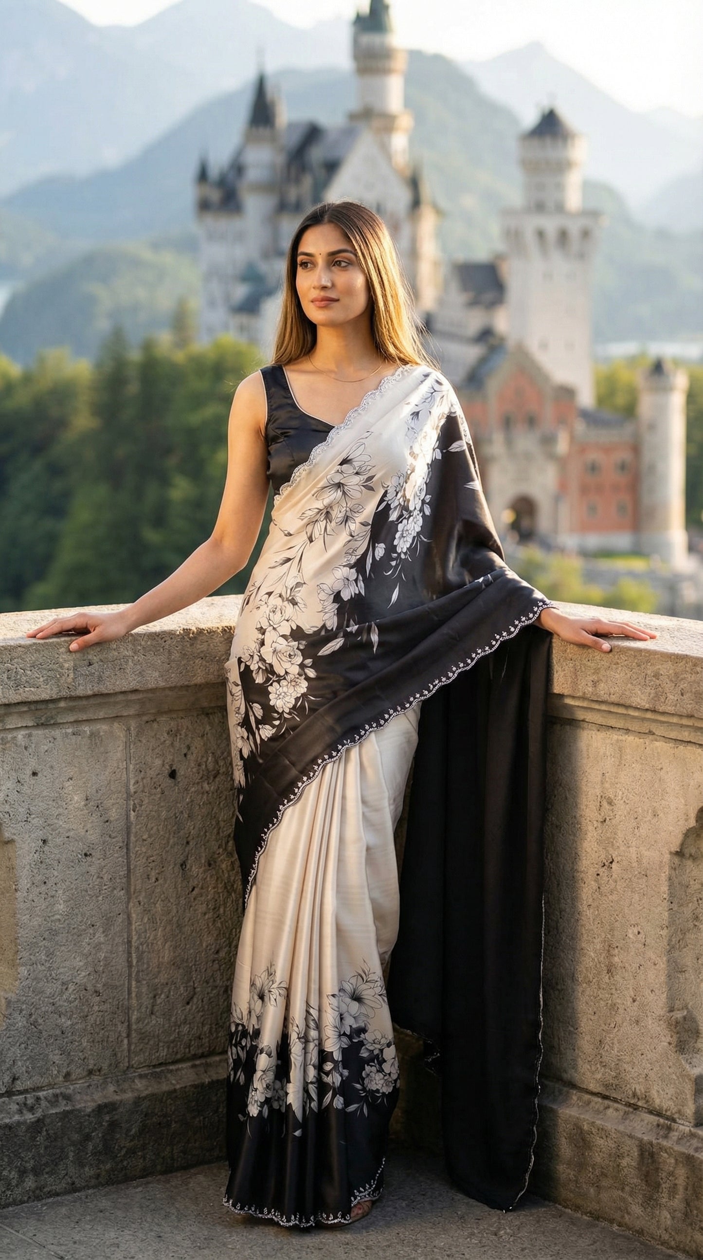 Woman in a Black and white satin saree with abstract floral print and white pallu, standing in front of Neuschwanstein Castle.