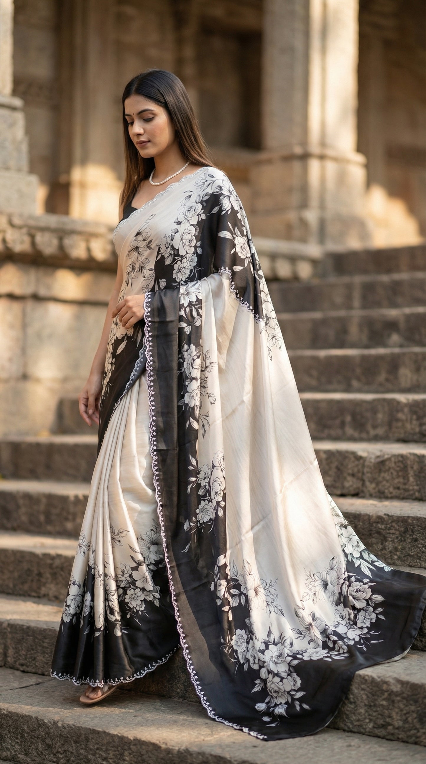 Woman in a Black and white satin saree with abstract floral print and white pallu, standing on stone steps.