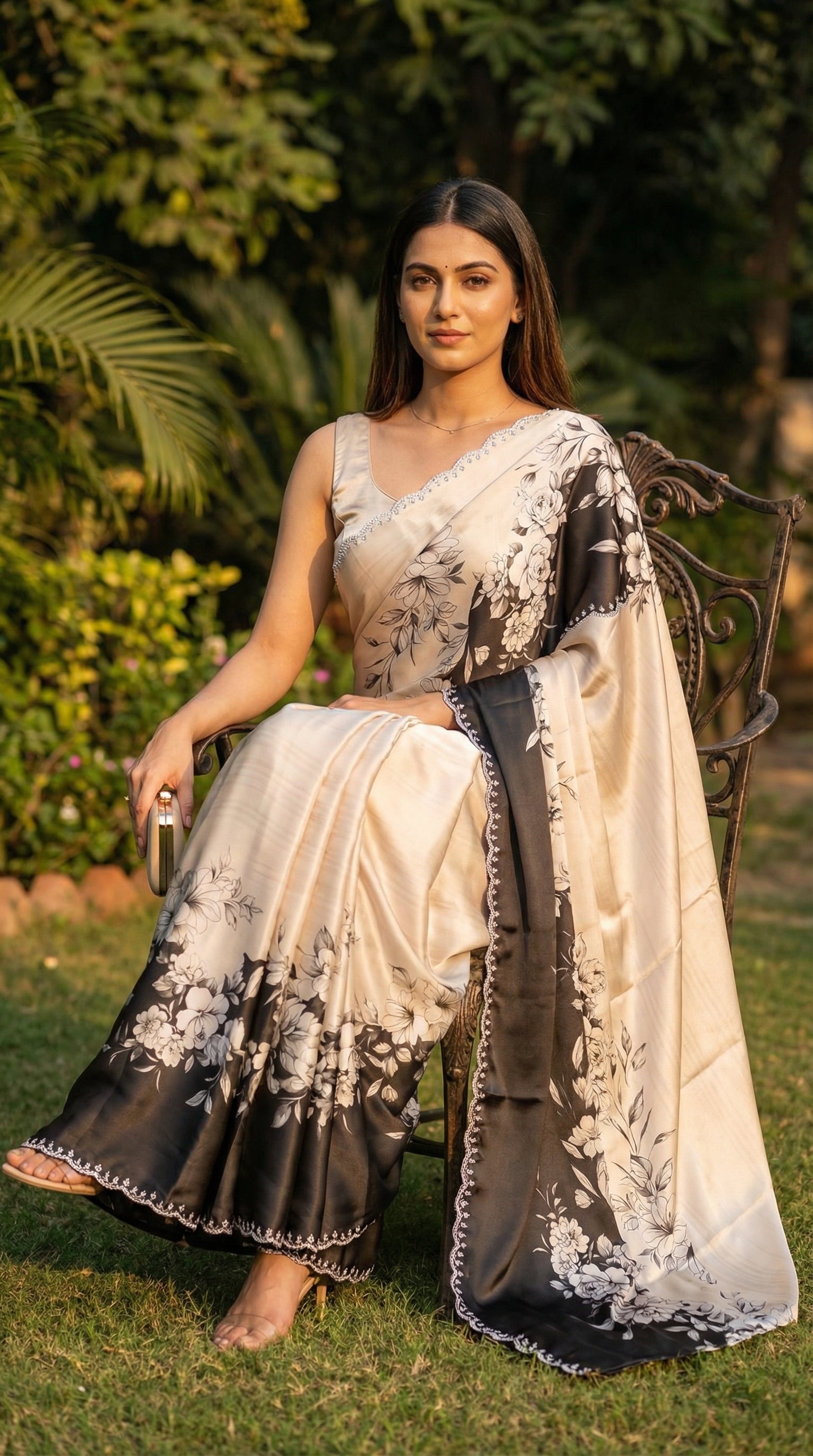 Woman in a Black and white satin saree with abstract floral print and white pallu, sitting outdoors with greenery in the background.