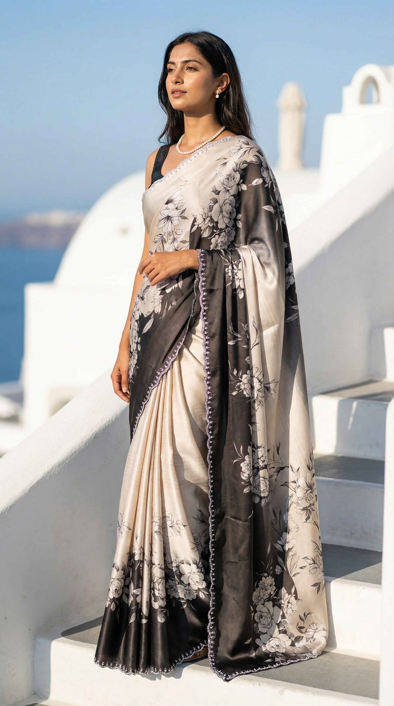 Woman in a Black and white satin saree with abstract floral print and white pallu, standing on a white architectural structure with blue sky and ocean in the background.
