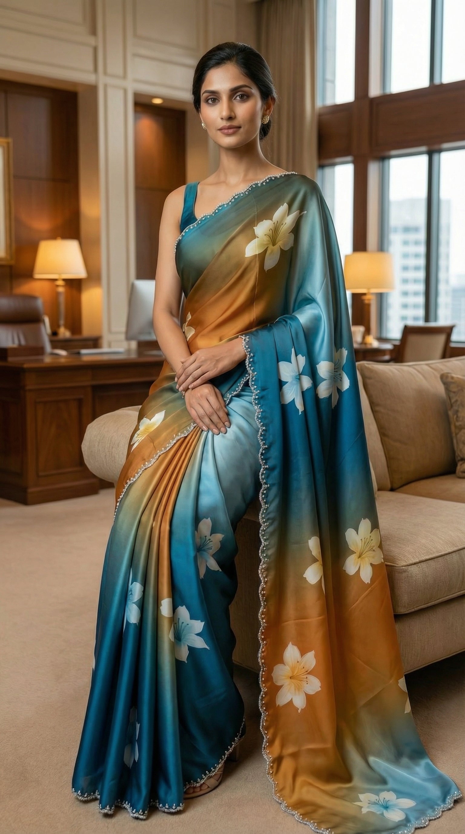 Woman wearing a Blue to brown gradient satin saree with soft floral design and subtle Zari edge, in an indoor setting.