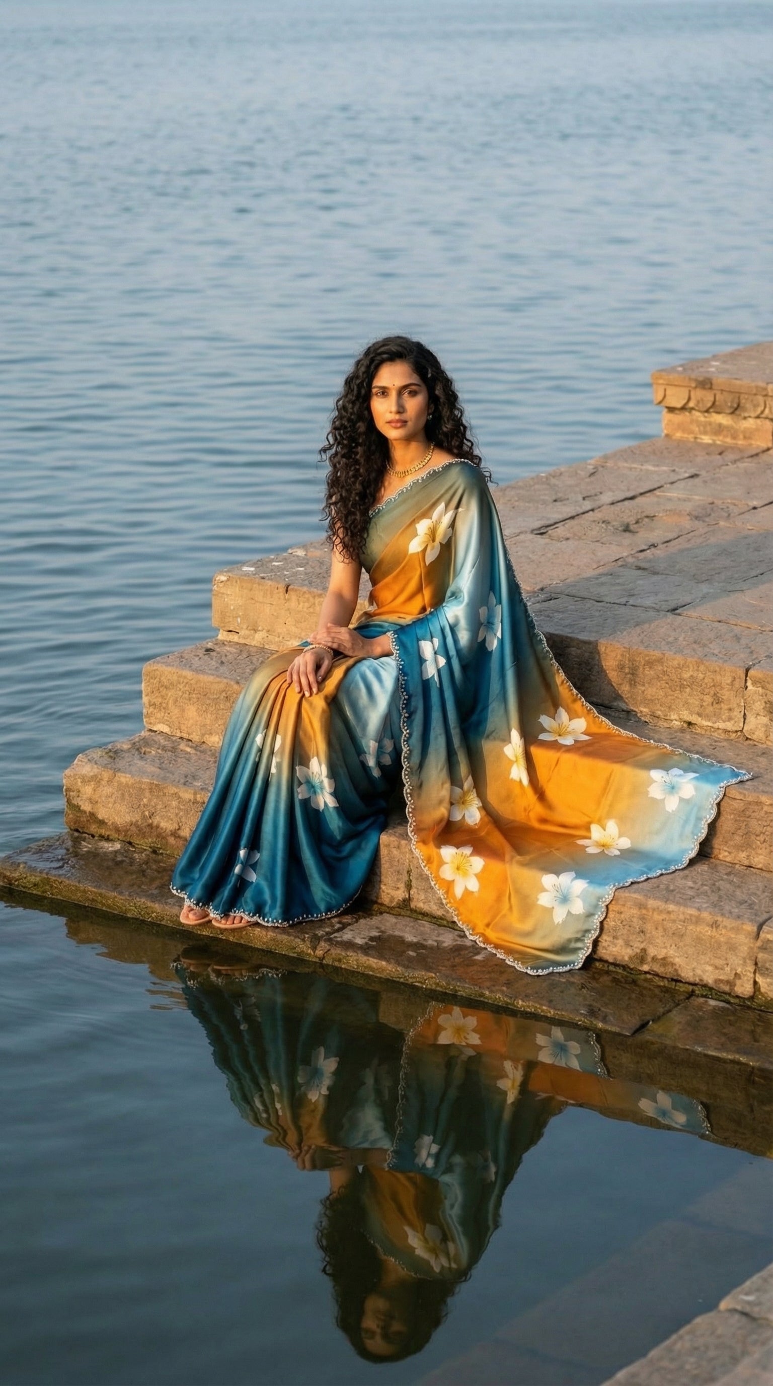 Woman in a Blue to brown gradient satin saree with soft floral design and subtle Zari edge, sitting on steps by a body of water.