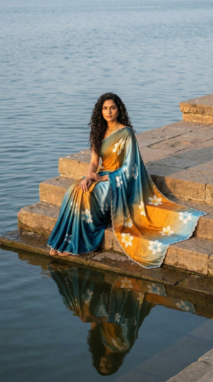 Woman in a Blue to brown gradient satin saree with soft floral design and subtle Zari edge, sitting on steps by a body of water.