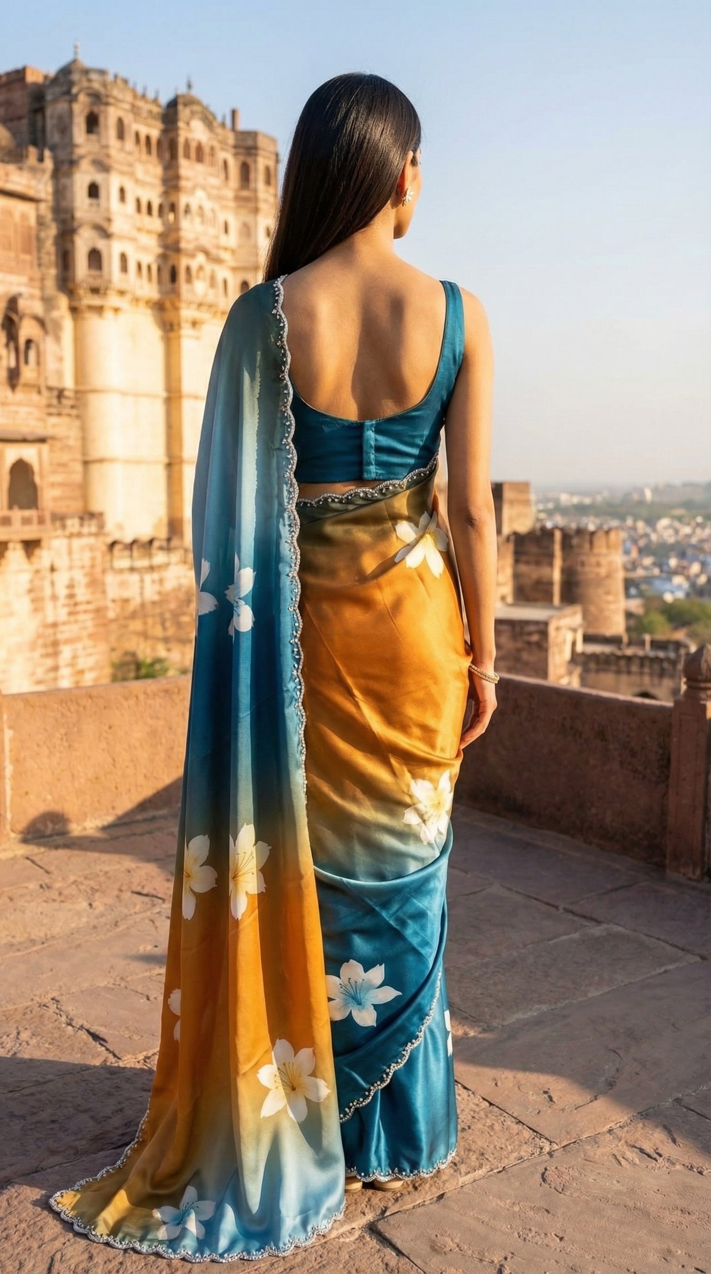 Woman in a Blue to brown gradient satin saree with soft floral design and subtle Zari edge, standing in front of an ancient fort.
