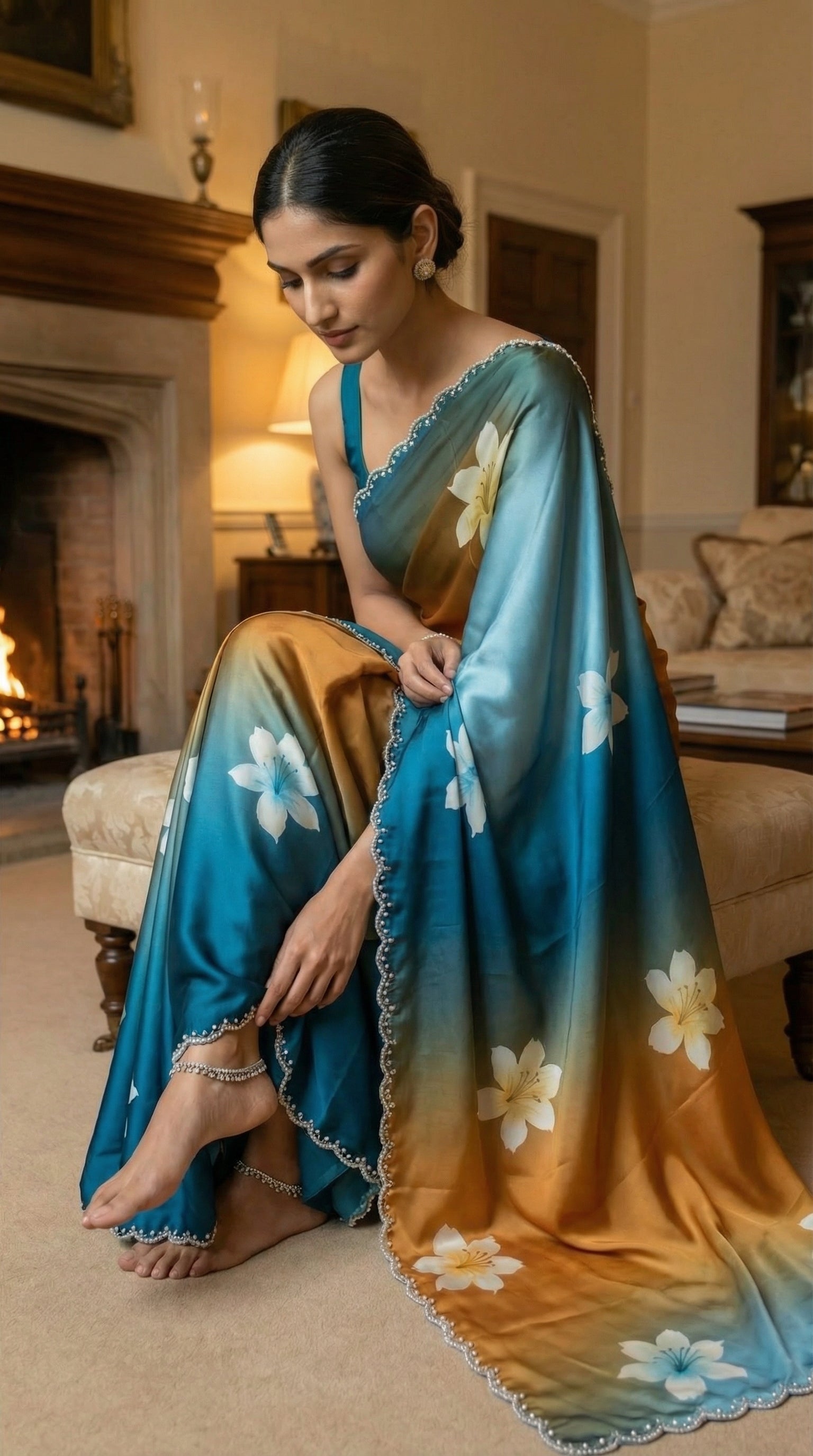 Woman in a Blue to brown gradient satin saree with soft floral design and subtle Zari edge, with floral patterns sitting in a room.