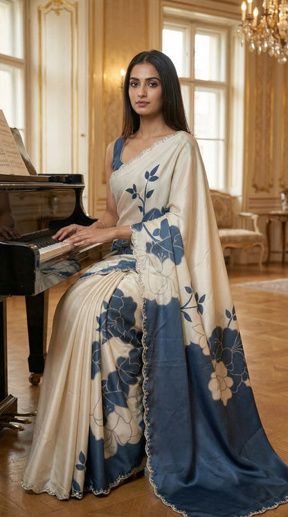 Woman wearing a Blue satin saree with bold white floral motifs and scalloped embellished border, standing in a elegant room with a piano.