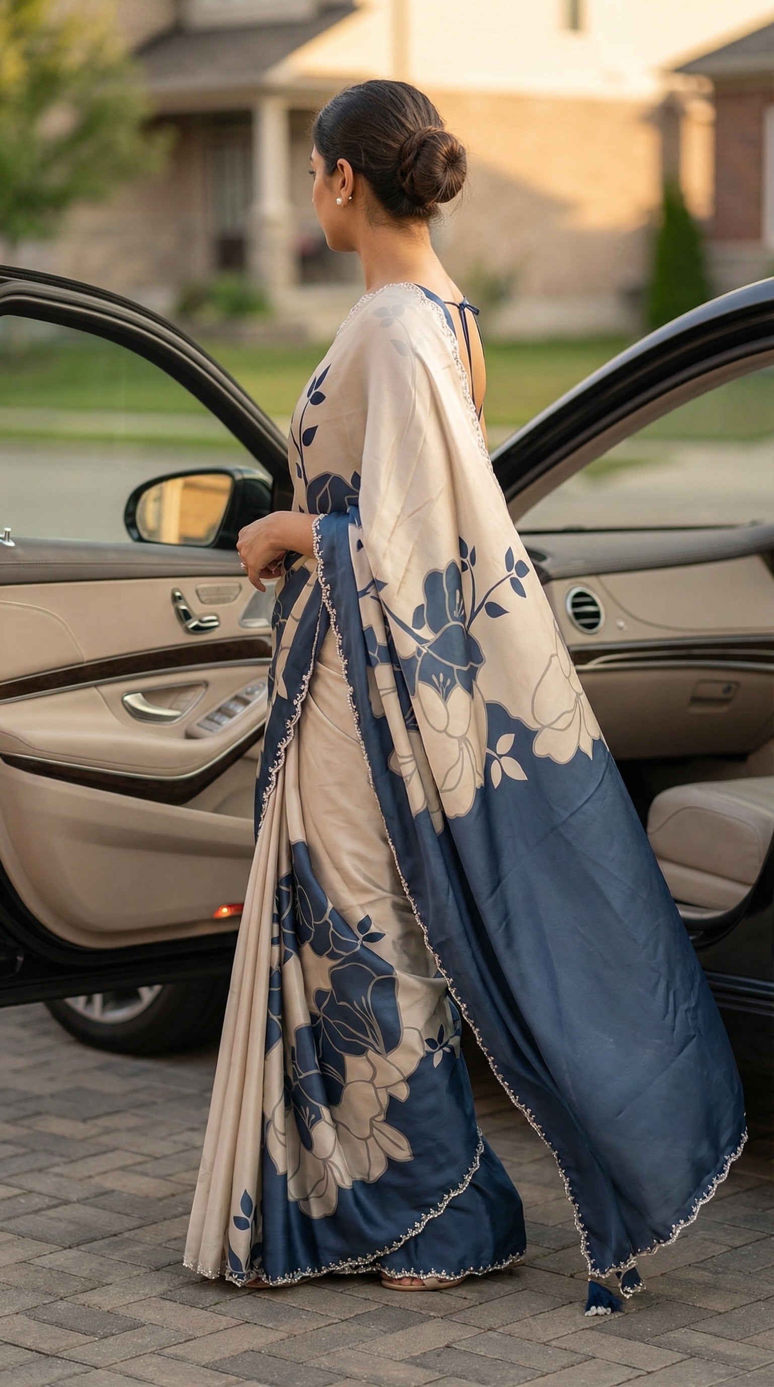 Woman wearing a Blue satin saree with bold white floral motifs and scalloped embellished border, stepping out of a luxury car.