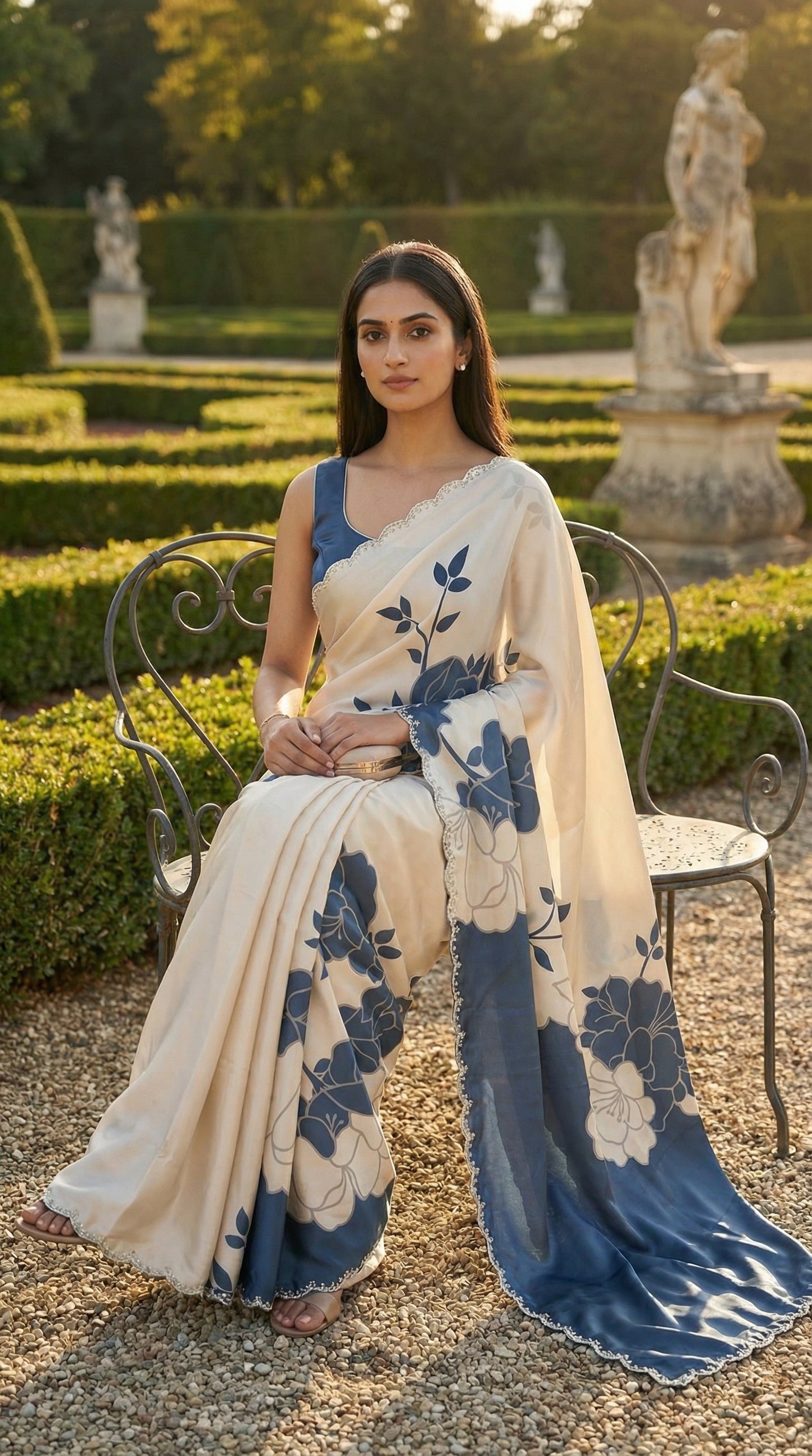 Woman wearing a Blue satin saree with bold white floral motifs and scalloped embellished border, outdoors with statues and greenery in the background.