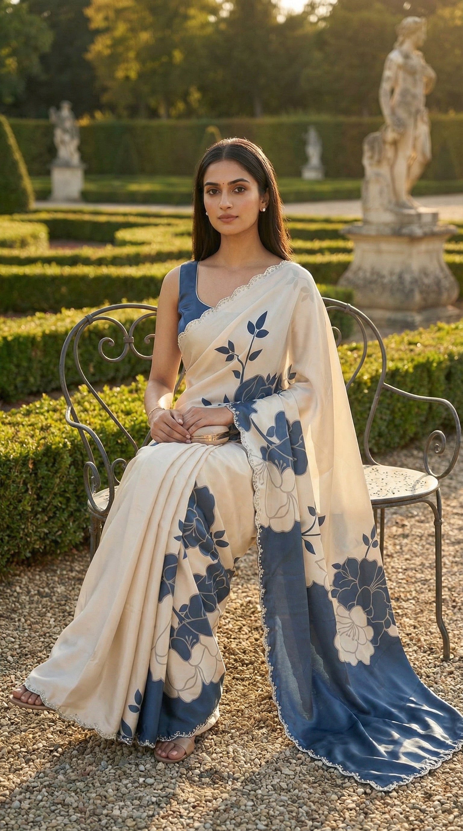 Woman wearing a Blue satin saree with bold white floral motifs and scalloped embellished border, outdoors with statues and greenery in the background.