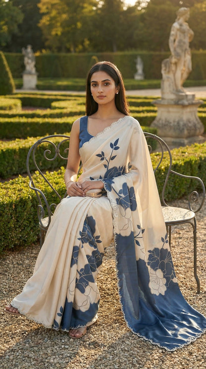 Woman wearing a Blue satin saree with bold white floral motifs and scalloped embellished border, outdoors with statues and greenery in the background.