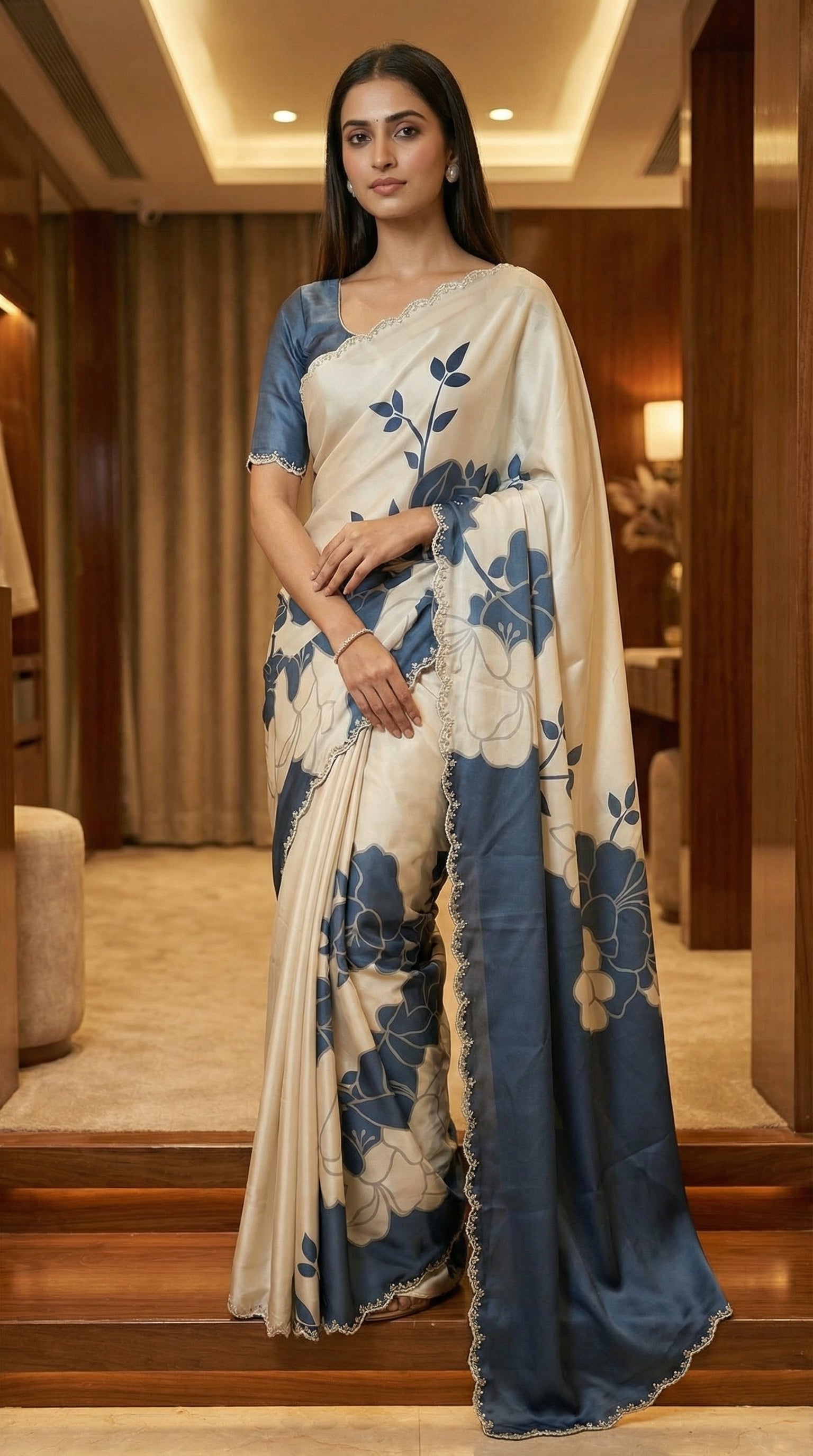 Woman wearing a Blue satin saree with bold white floral motifs and scalloped embellished border, in an indoor setting.