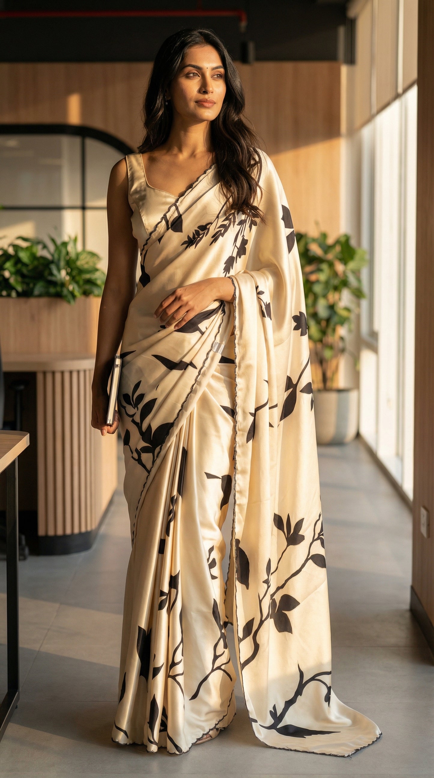 Woman wearing a cream satin saree with subtle floral motifs and glossy drape, elegant ethnic wear for festive occasions, indoors.