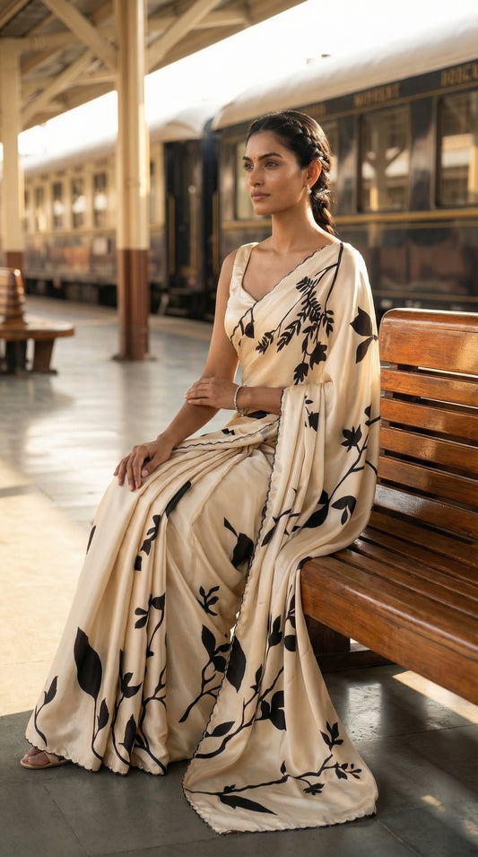 Woman wearing a cream satin saree with subtle floral motifs and glossy drape, elegant ethnic wear for festive occasions, sitting on a bench at the railway station.