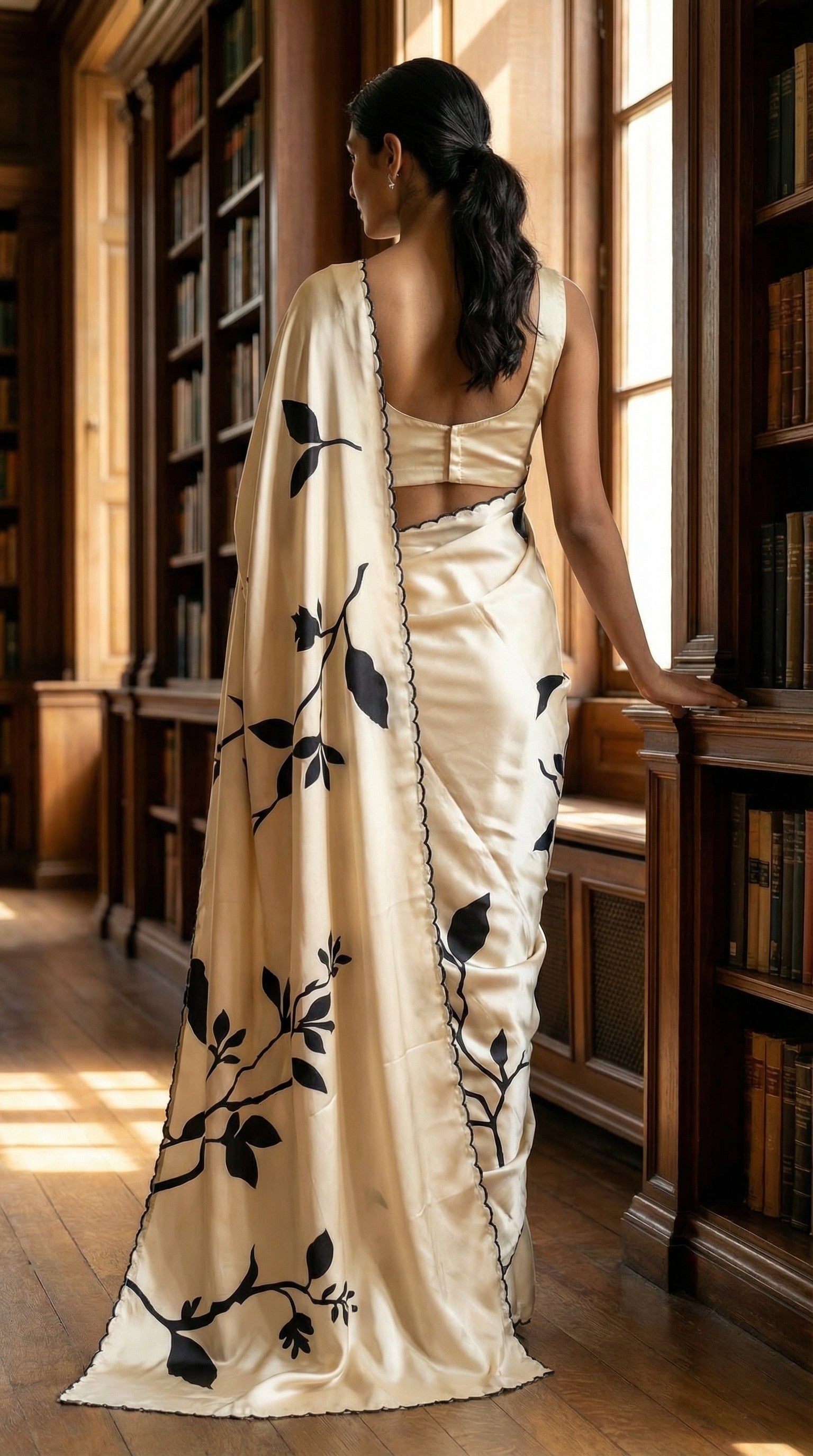 Woman wearing a cream satin saree with subtle floral motifs and glossy drape, elegant ethnic wear for festive occasions, standing in a library.