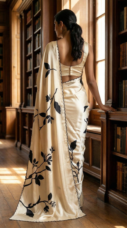 Woman wearing a cream satin saree with subtle floral motifs and glossy drape, elegant ethnic wear for festive occasions, standing in a library.