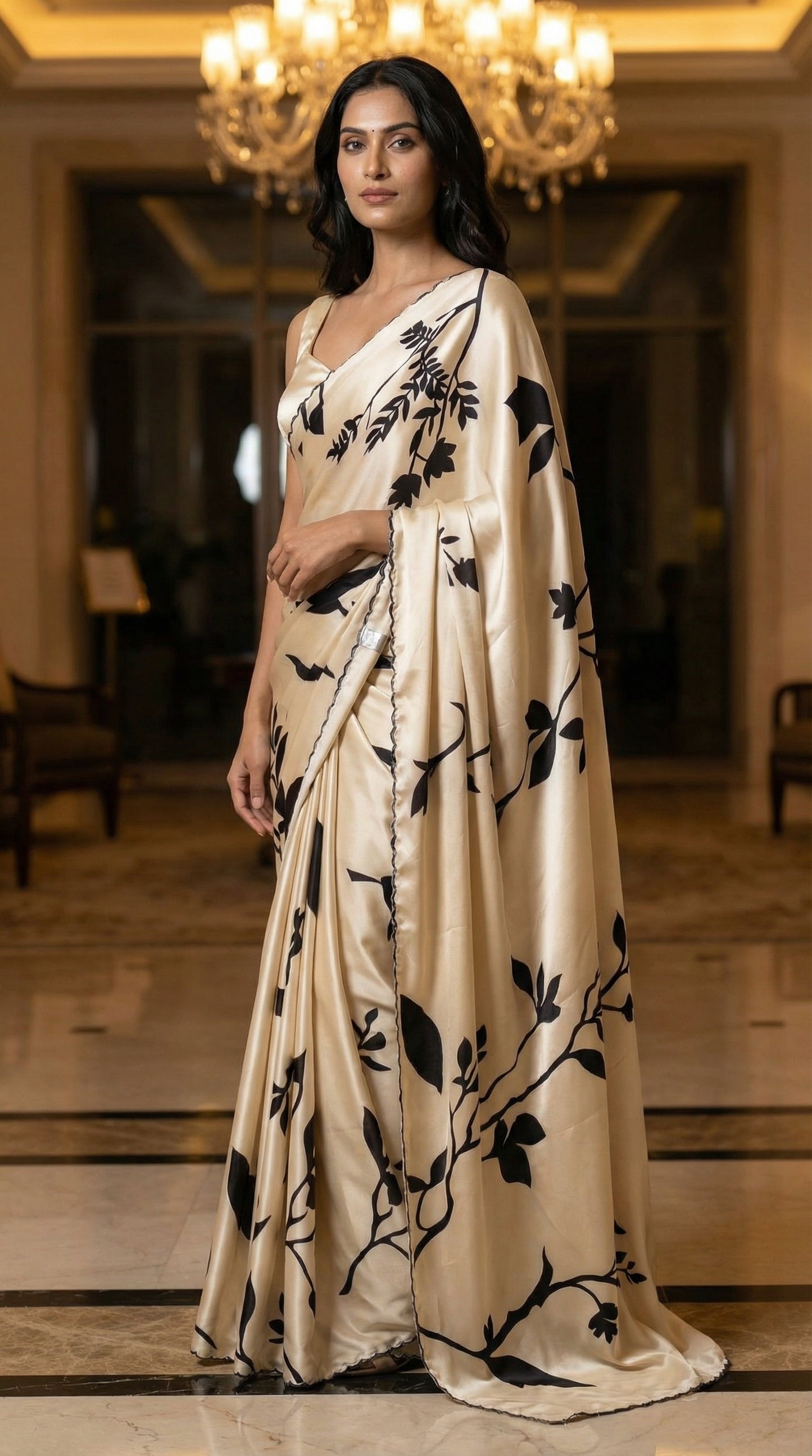 Woman wearing a cream satin saree with subtle floral motifs and glossy drape, elegant ethnic wear for festive occasions, standing in an indoor setting.