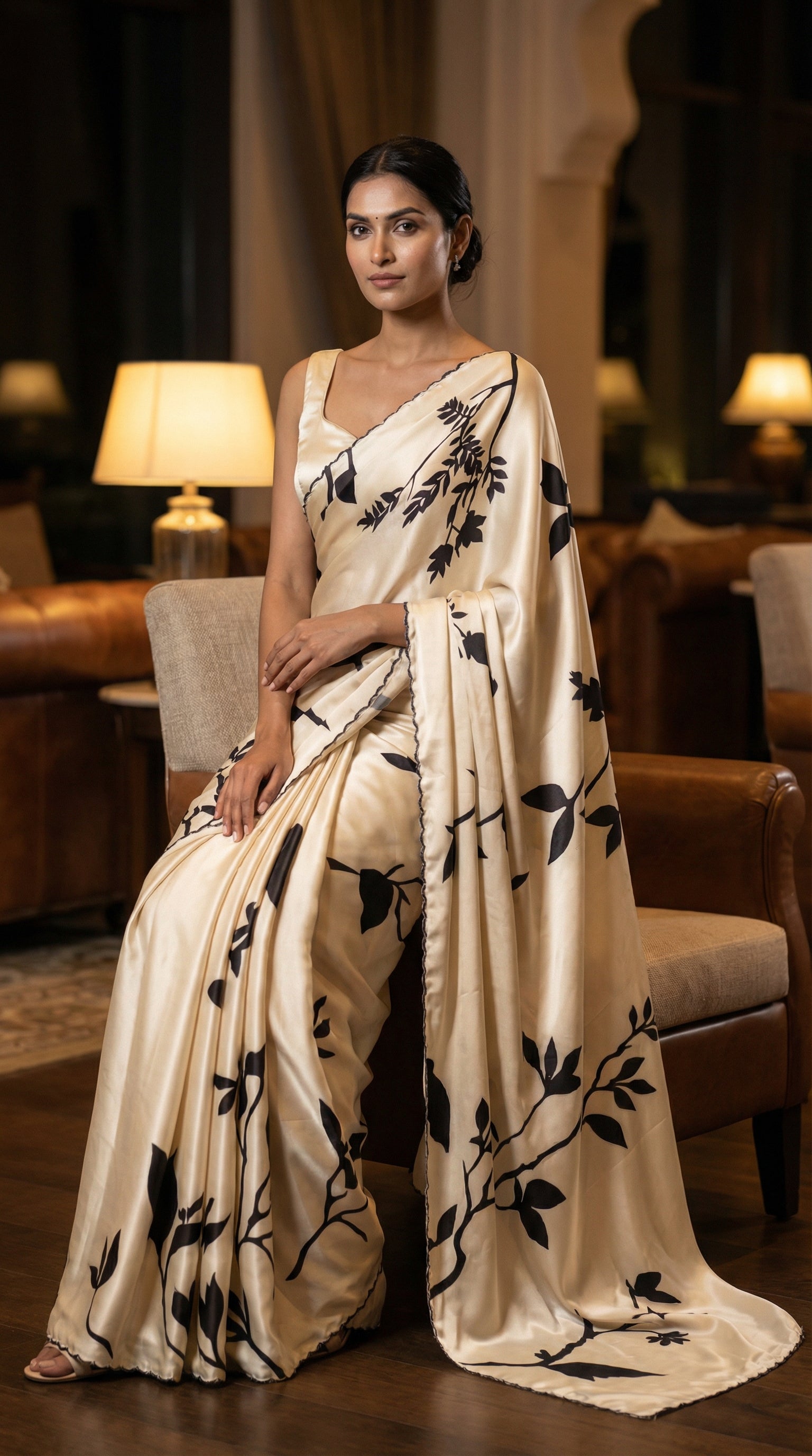 Woman wearing a cream satin saree with subtle floral motifs and glossy drape, elegant ethnic wear for festive occasions, in an indoor setting.