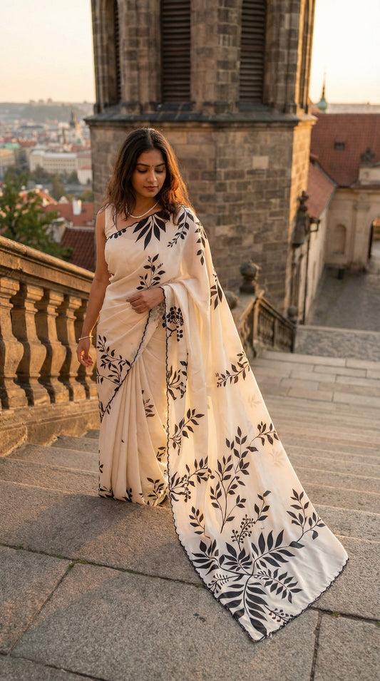 Woman in a Cream satin saree with black leaf print and black motif border, standing on steps with a cityscape in the background.