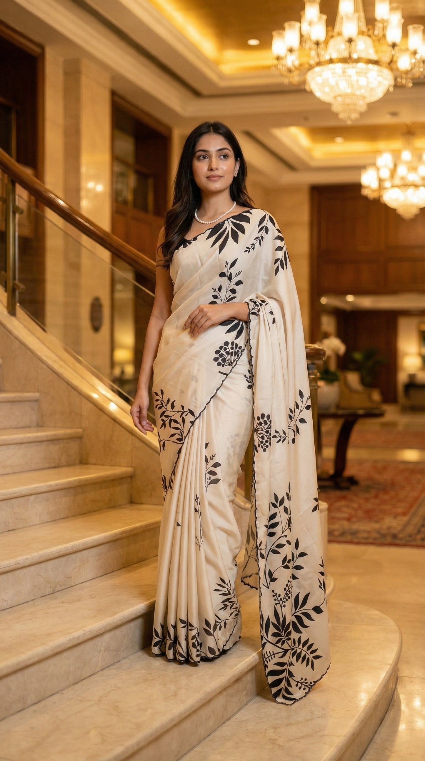 Woman in a Cream satin saree with black leaf print and black motif border, standing on a staircase in an elegant interior setting.