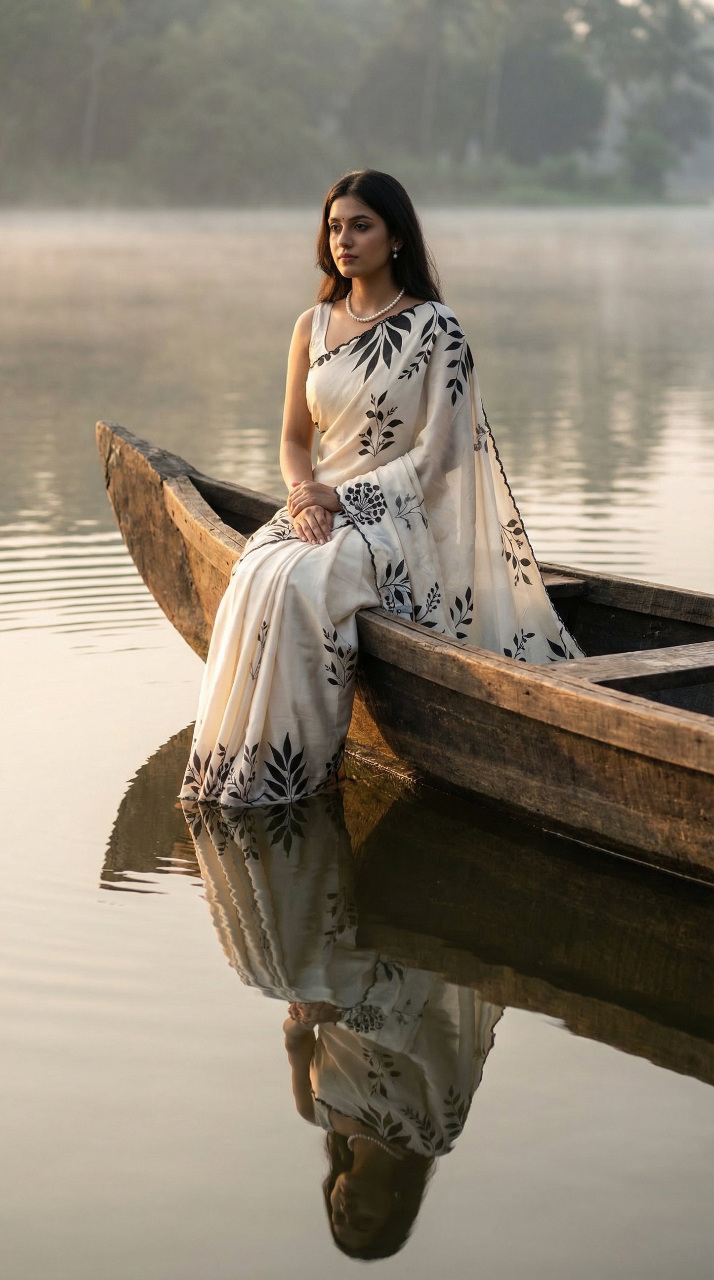 Woman in a Cream satin saree with black leaf print and black motif border, sitting in a wooden boat on a calm lake.