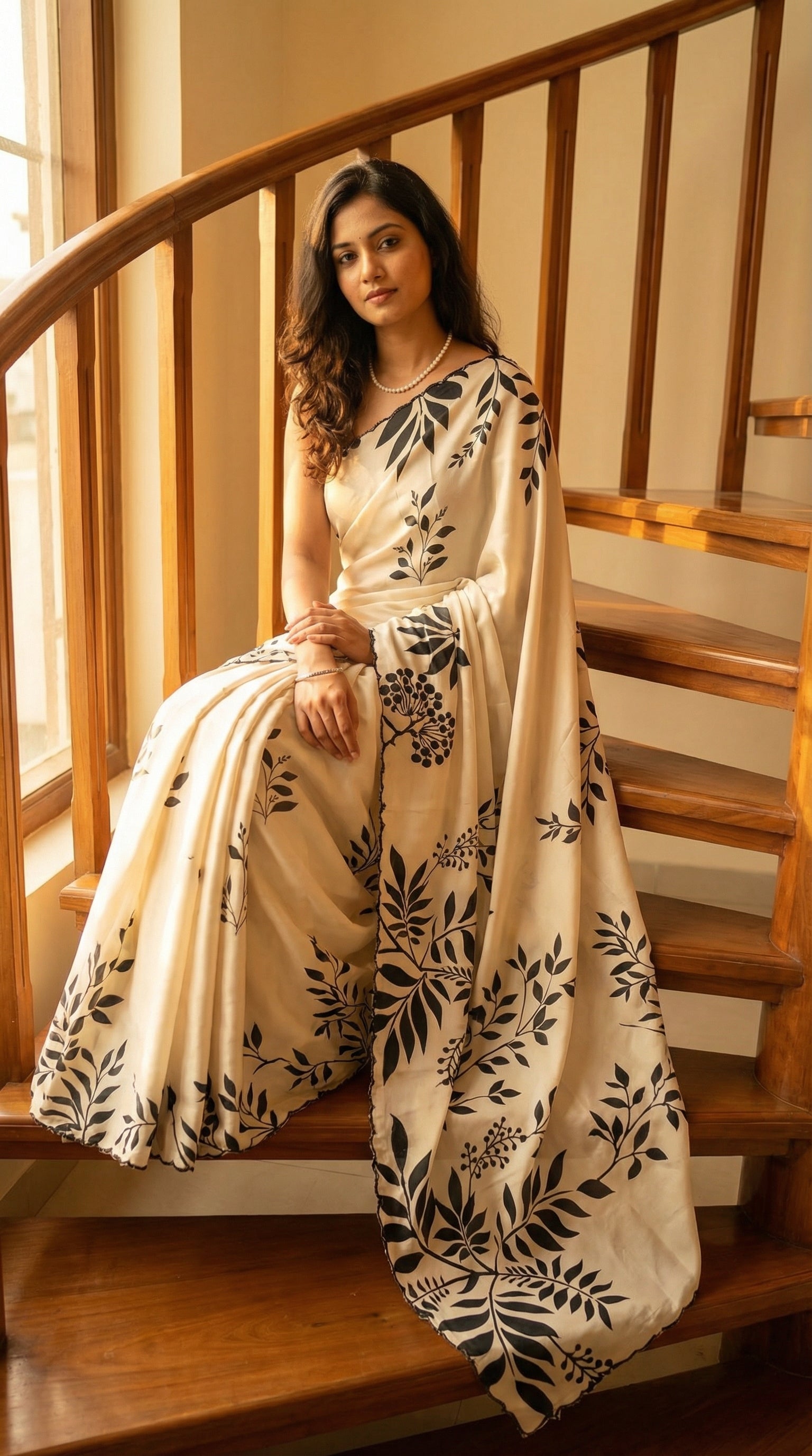 Woman in a Cream satin saree with black leaf print and black motif border, sitting on a wooden staircase.