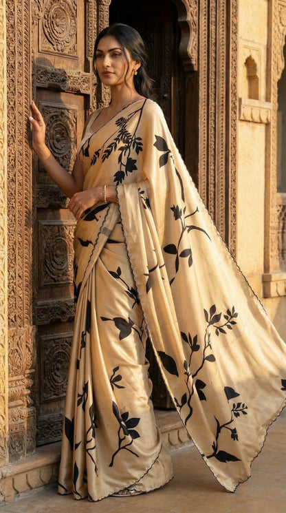 Woman in a goldish beige satin saree with soft sheen and minimalist border, luxurious ethnic wear for formal occasions, in front of an architectural background.