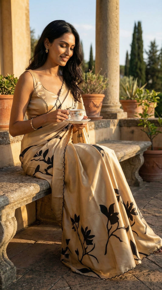 Woman in a goldish beige satin saree with soft sheen and minimalist border, luxurious ethnic wear for formal occasions, sitting outdoors with a cup of tea.