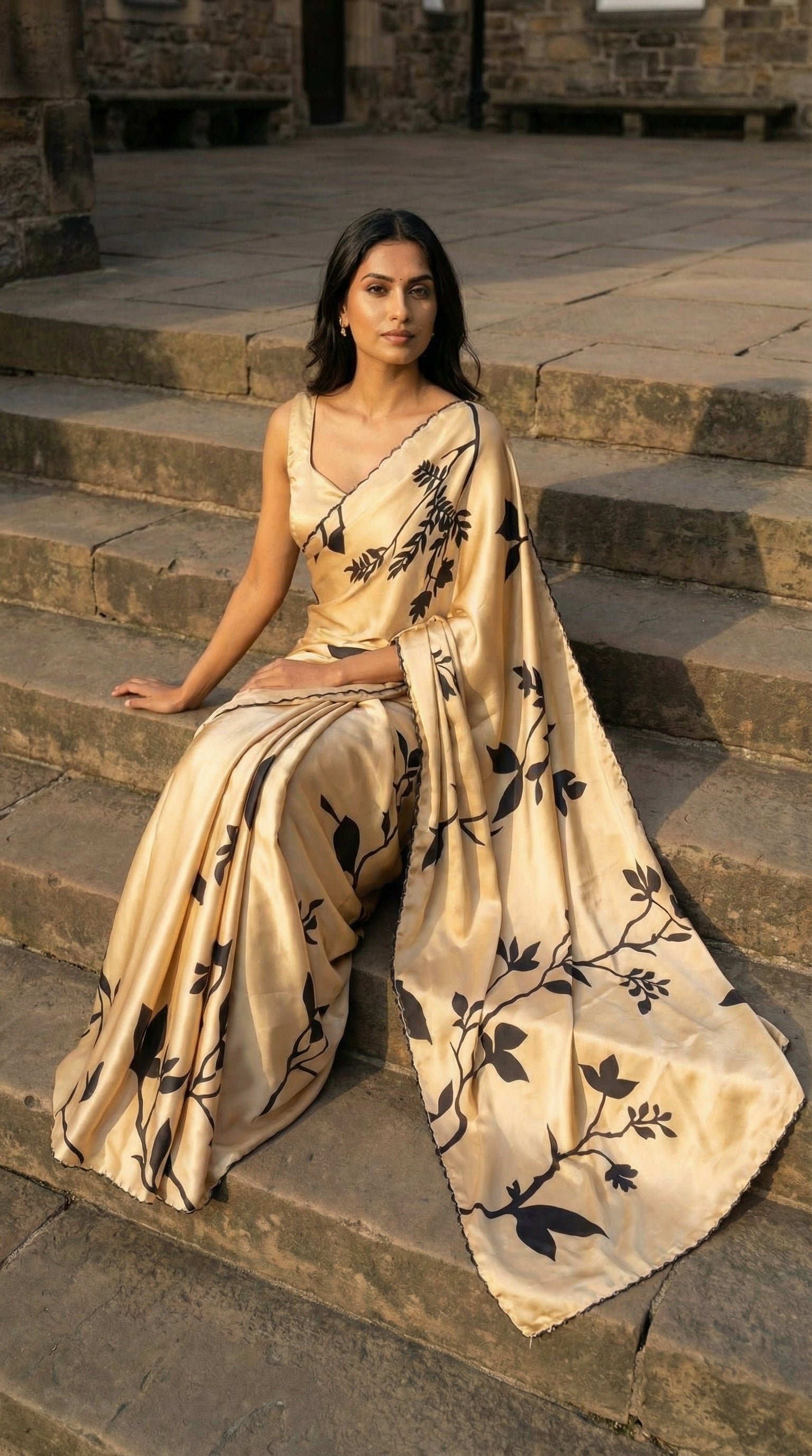 Woman in a goldish beige satin saree with soft sheen and minimalist border, luxurious ethnic wear for formal occasions, sitting on stone steps.