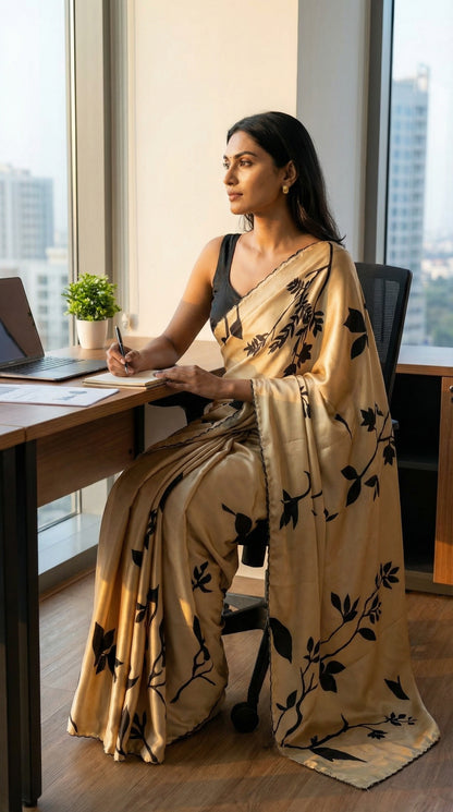 Woman in a goldish beige satin saree with soft sheen and minimalist border, luxurious ethnic wear for formal occasions, sitting at a desk in an office.