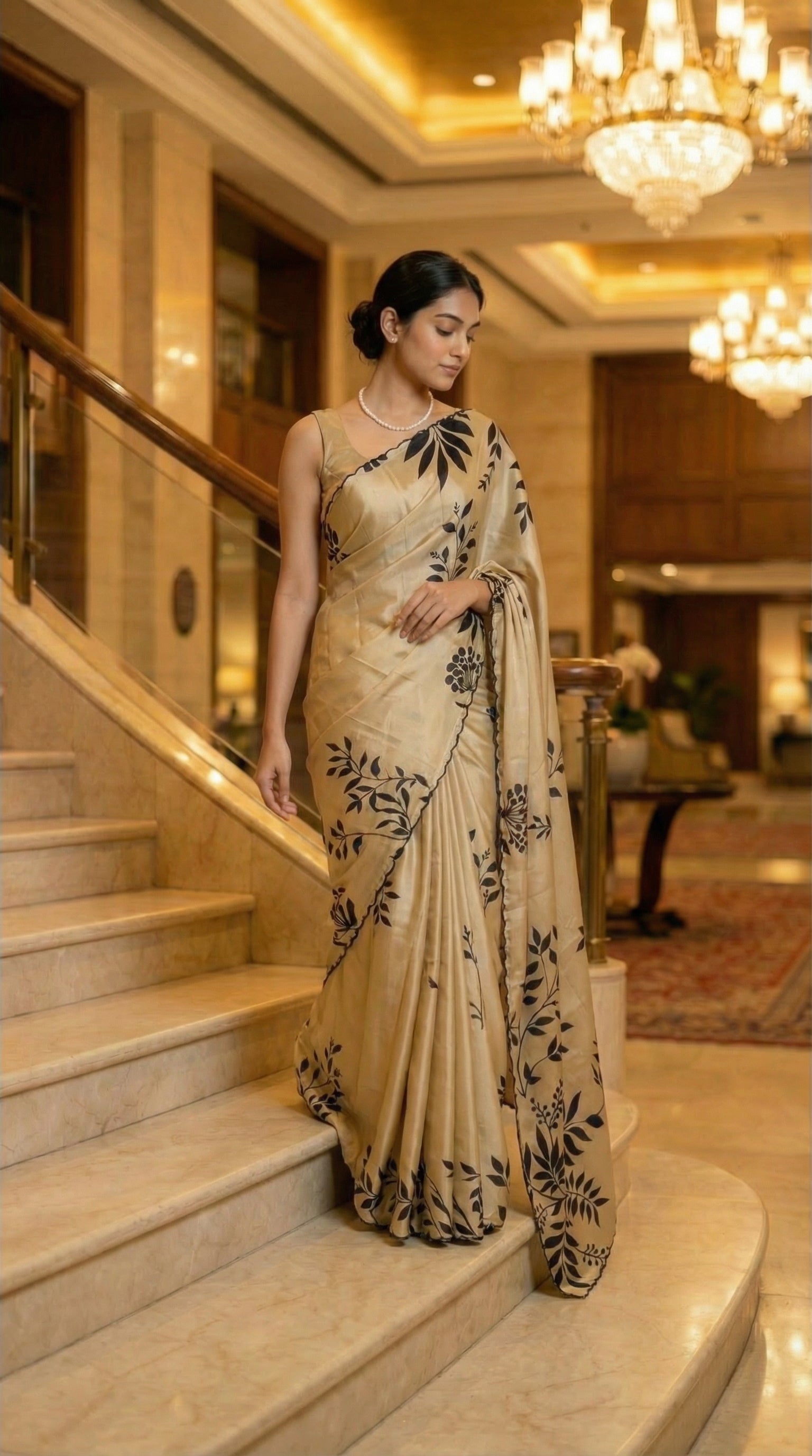 Woman in a Cream satin saree with black leaf print and black motif border, on a staircase in an elegant interior setting.