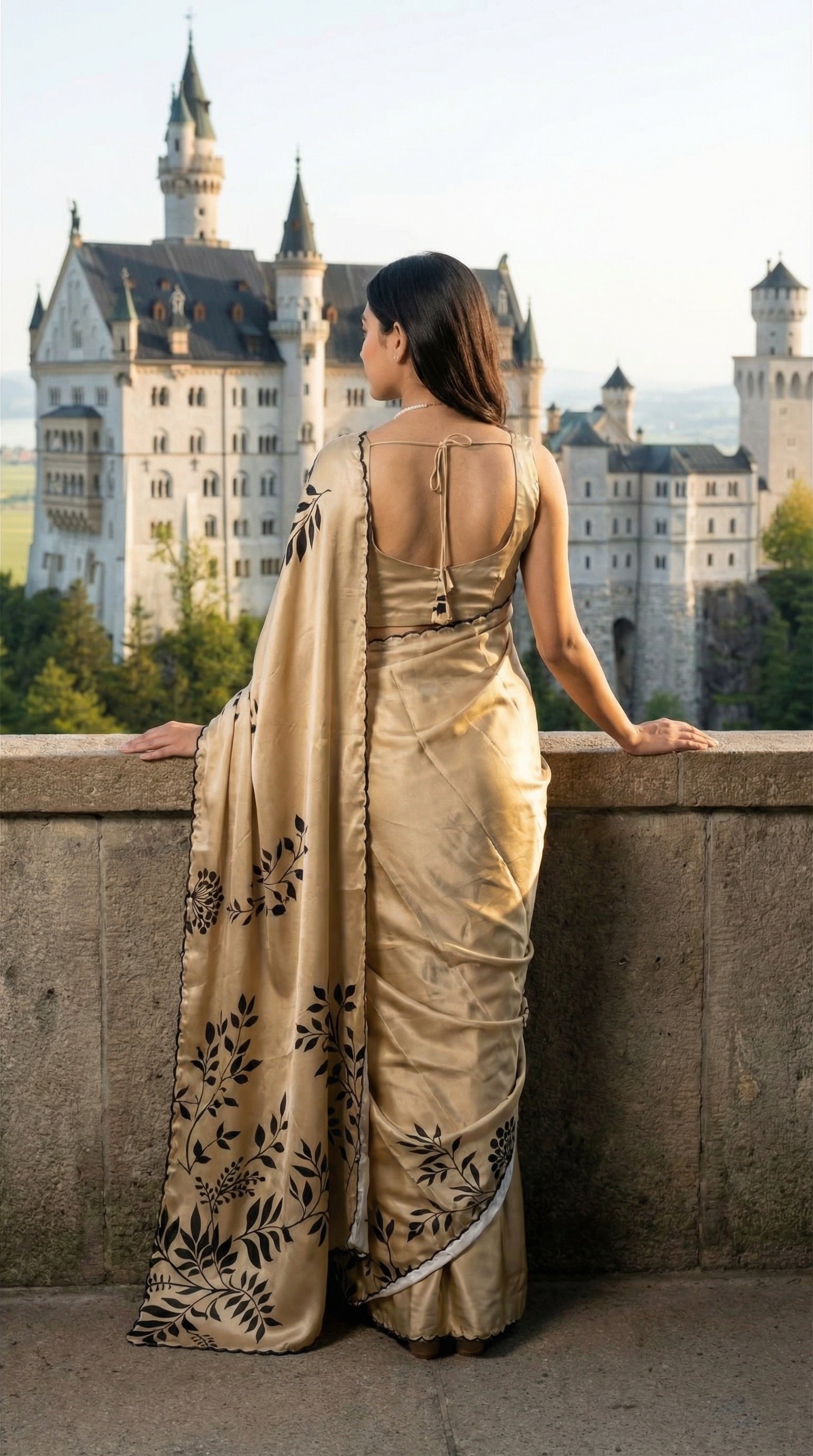 Woman in a Cream satin saree with black leaf print and black motif border, standing in front of a castle.