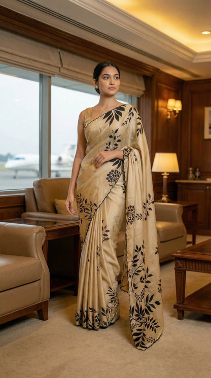 Woman in a Cream satin saree with black leaf print and black motif border, standing in a well-furnished room.
