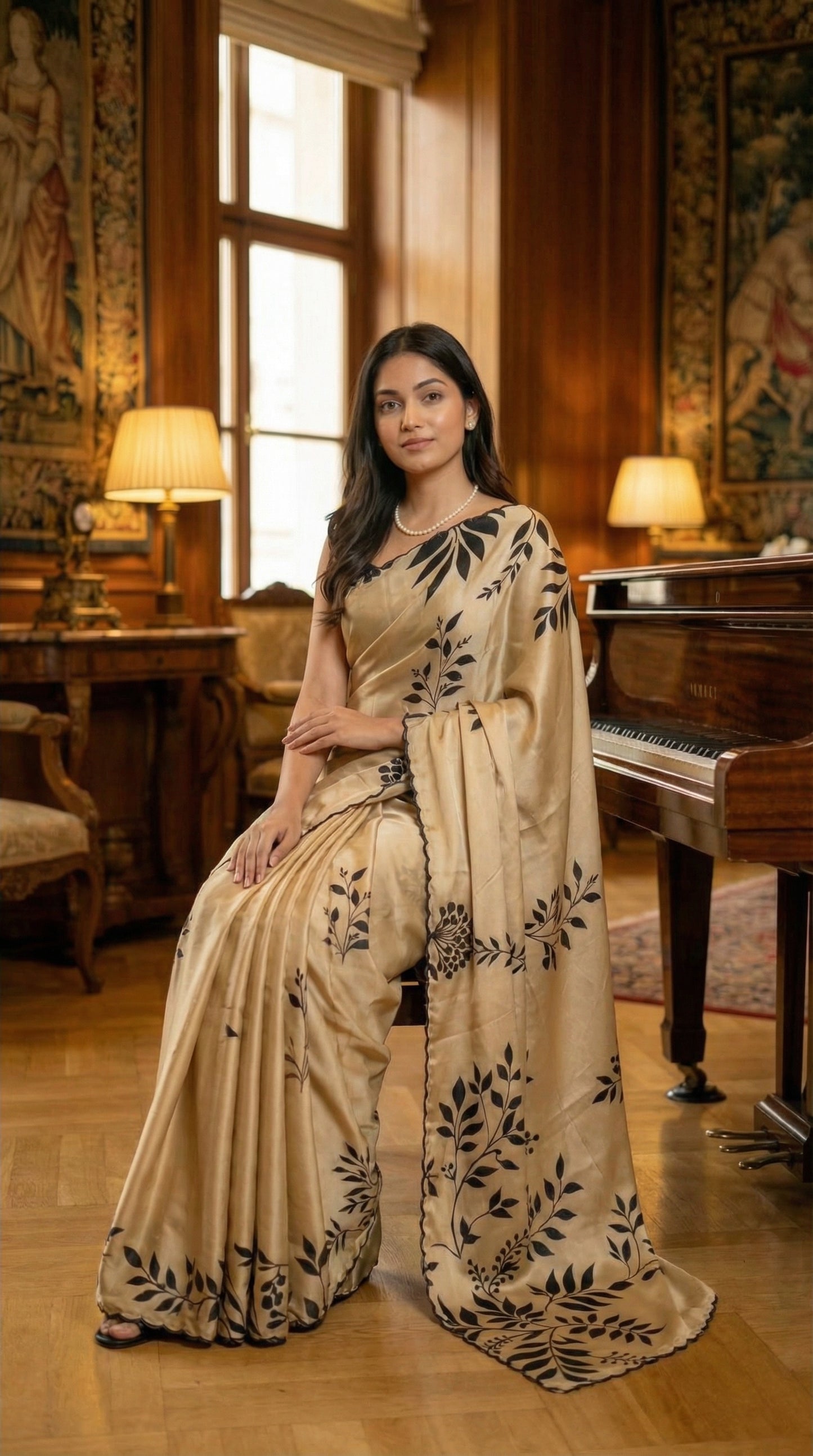 Woman in a Cream satin saree with black leaf print and black motif border, sitting in an elegant room.