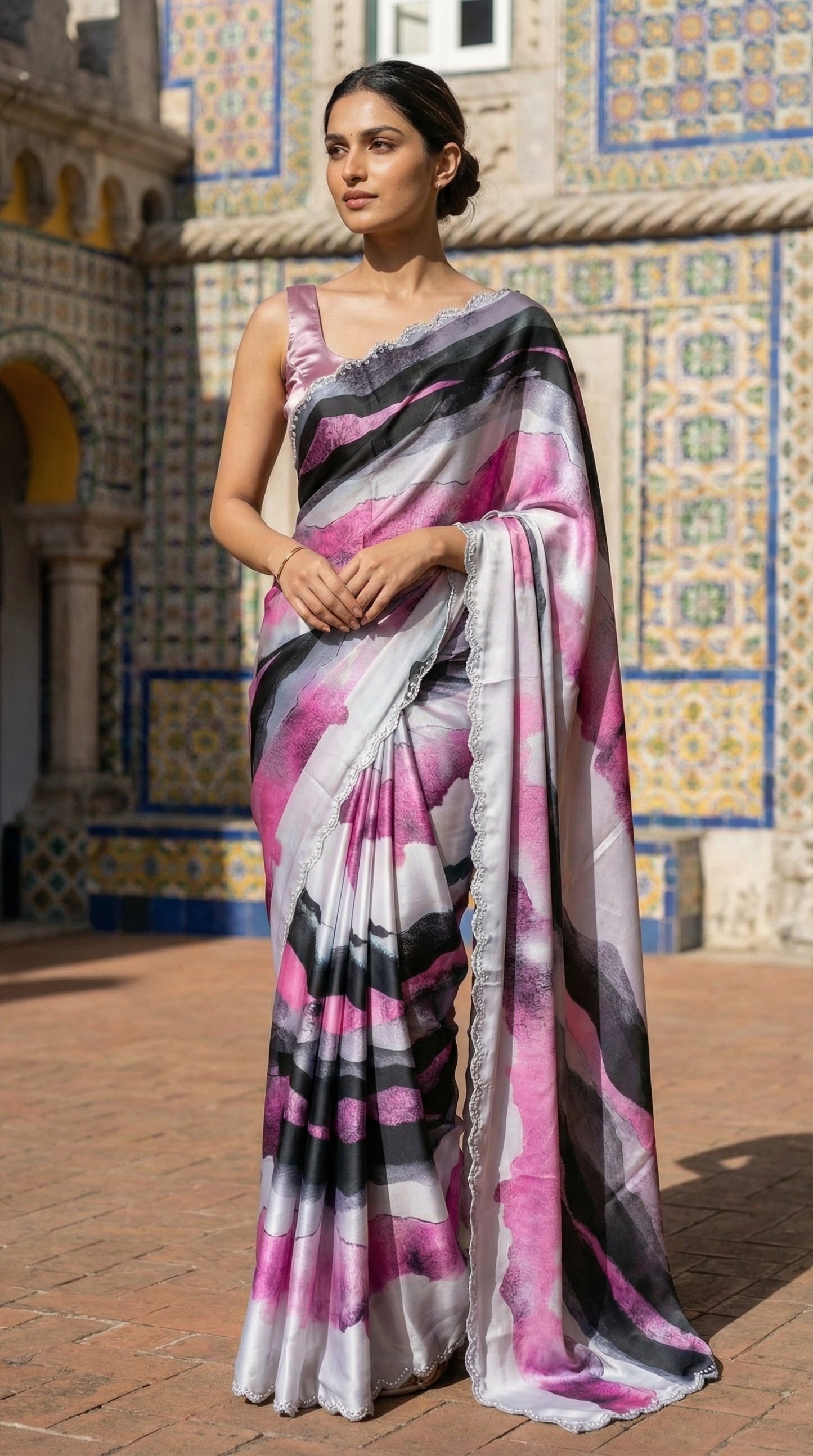 Woman in a Pink satin saree with abstract print and scalloped silver border, in front of a decorative wall.