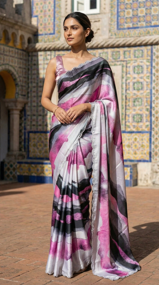 Woman in a Pink satin saree with abstract print and scalloped silver border, in front of a decorative wall.