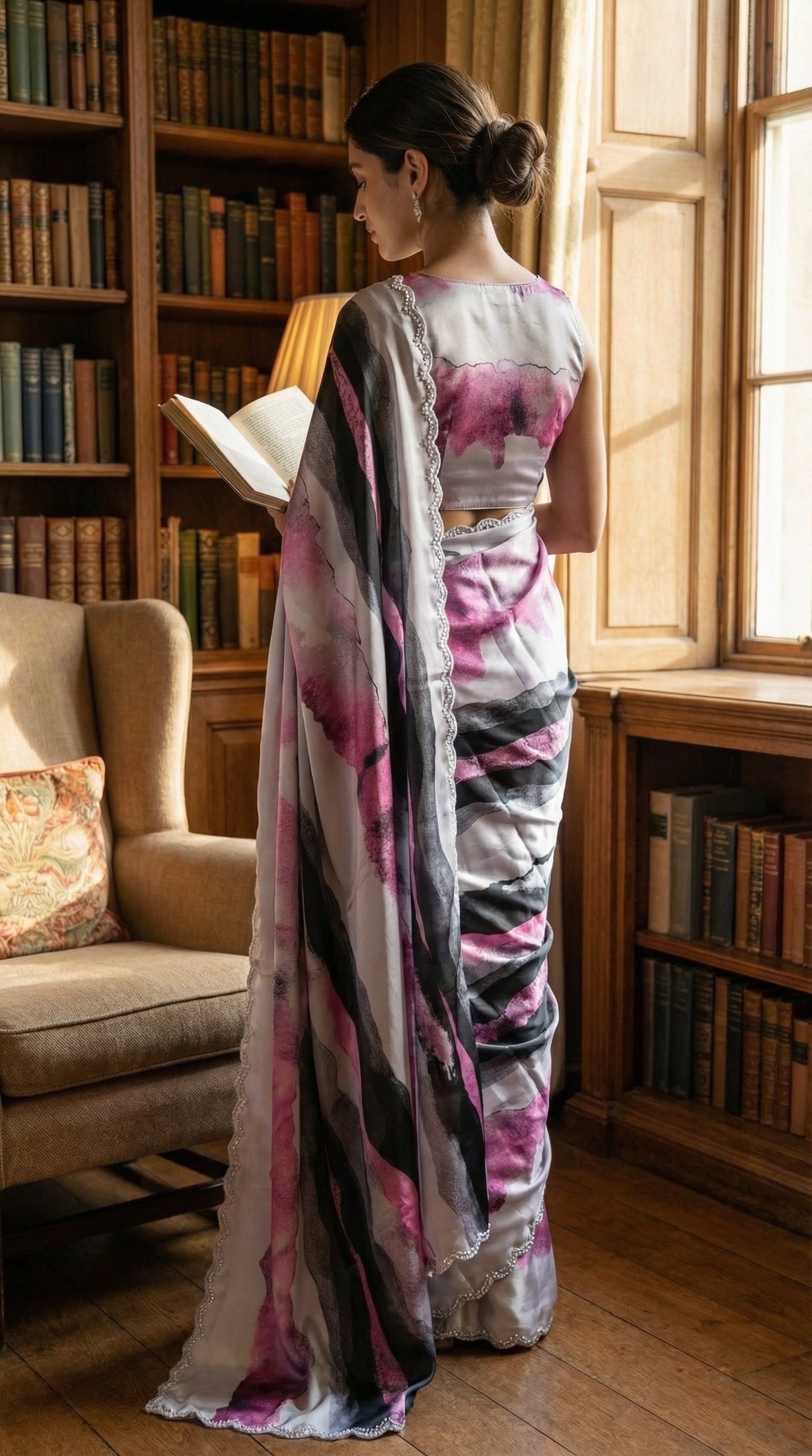 Woman in a Pink satin saree with abstract print and scalloped silver border, standing in a room with bookshelves and a window.